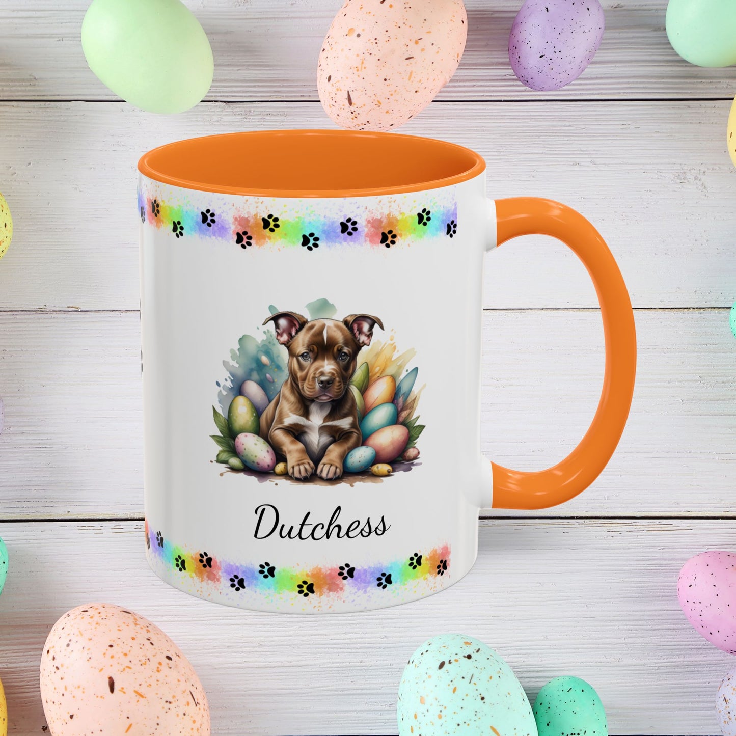 Pitbull (Brown): Personalized Easter Puppy Coffee Mug - Adorable Dog Design, Mental Health Gift, 11oz & 15oz, 12 Color Choices, Easter Gifts & Décor