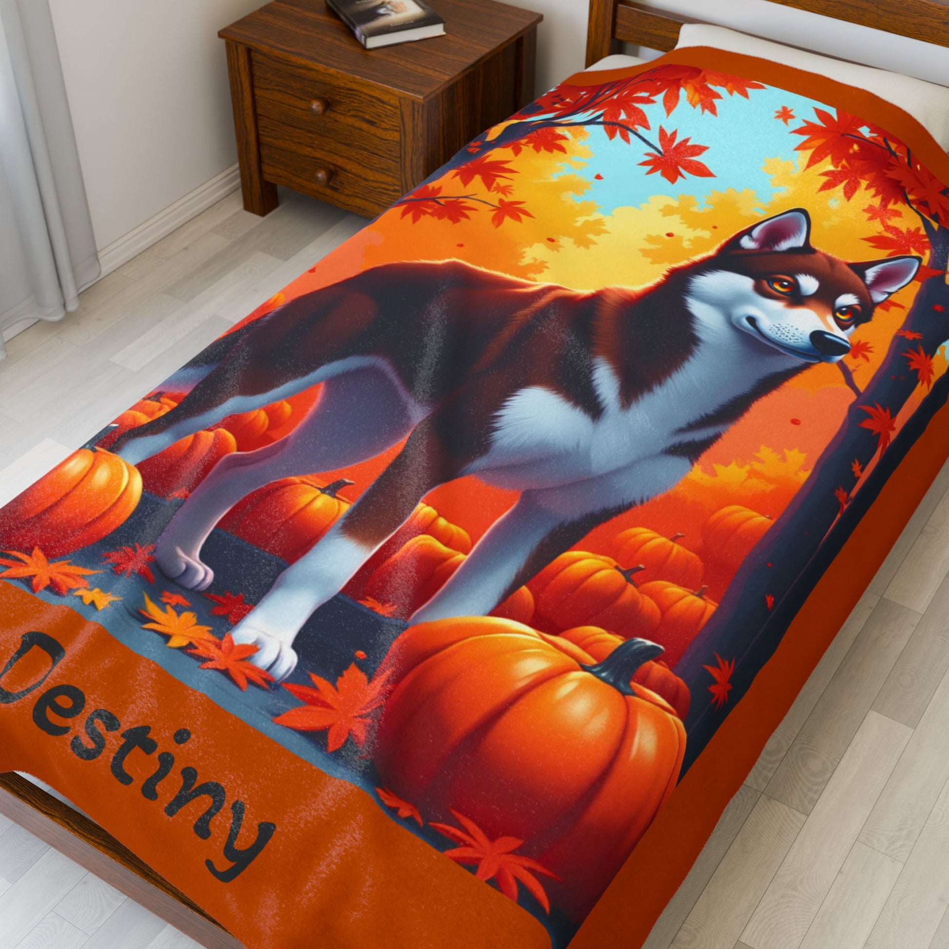 Siberian Husky Dark Red & White Coat (Amber Eyes) Velveteen Plush Blanket, Custom Dog Throw