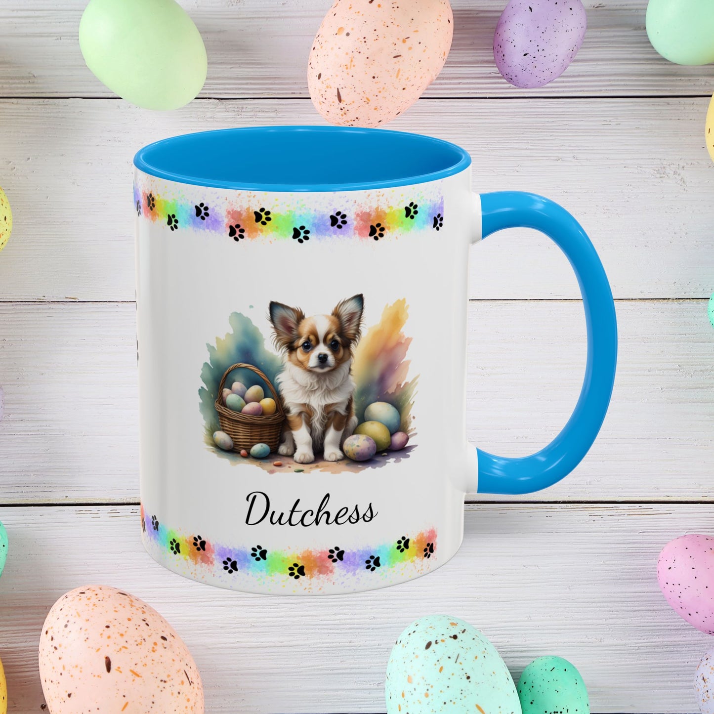 Papillon Brown & White Easter puppy coffee mug, personalized cute dog gift for mental health awareness and comfort