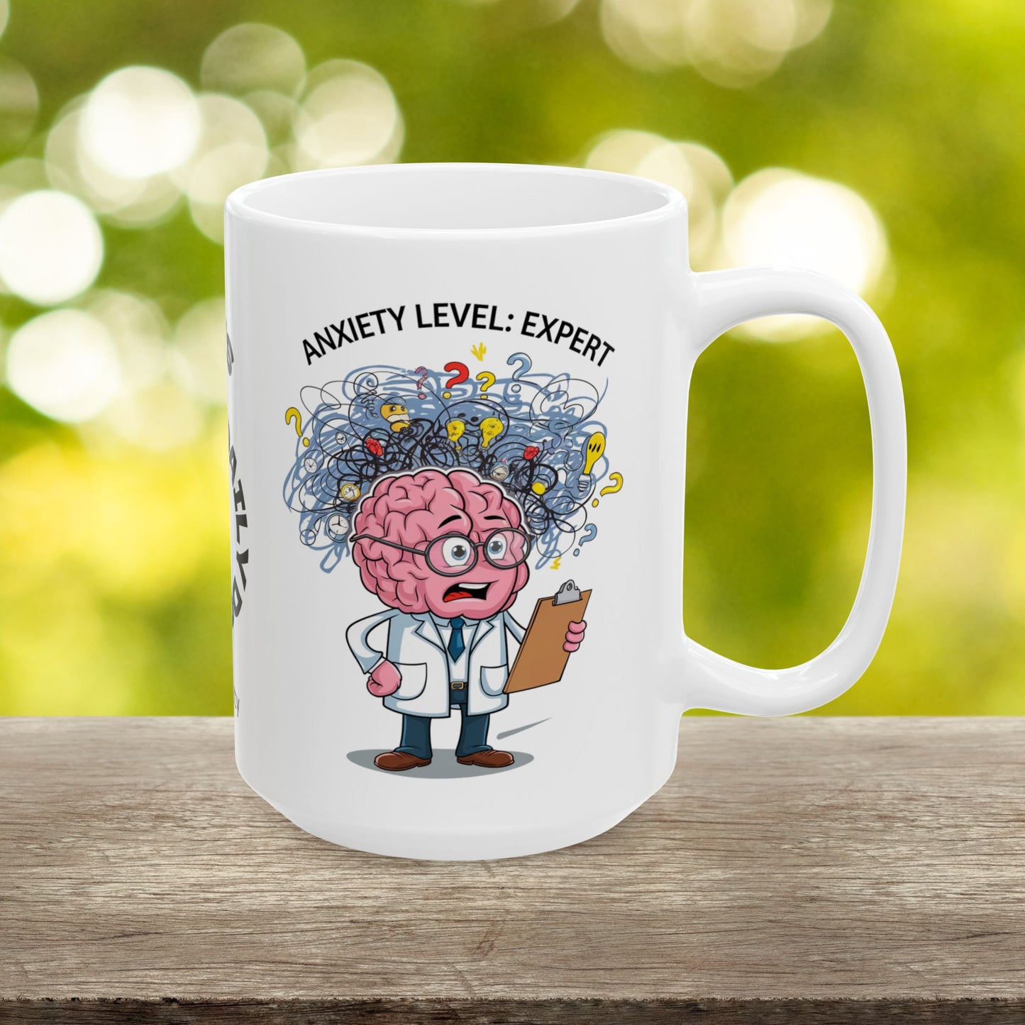 "Anxiety Level: Expert" funny mental health mug with affirmations for anxiety relief and self-care.