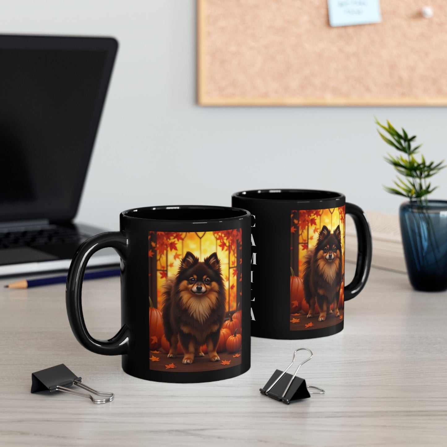 Chocolate & Tan Pomeranian fall coffee mug, personalized autumn gift for dog moms and dads
