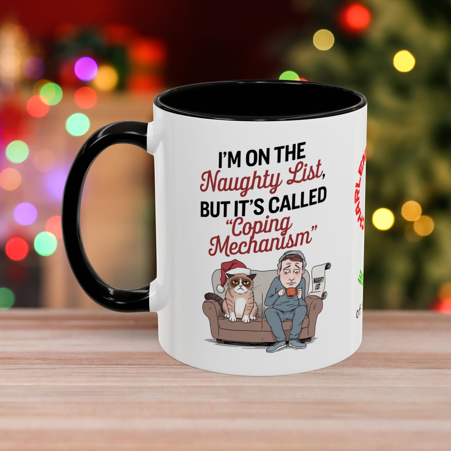 I'm On The Naughty List, But It's Called 'Coping Mechanism' - Christmas Mug with Male and Cat Design and Accent Color