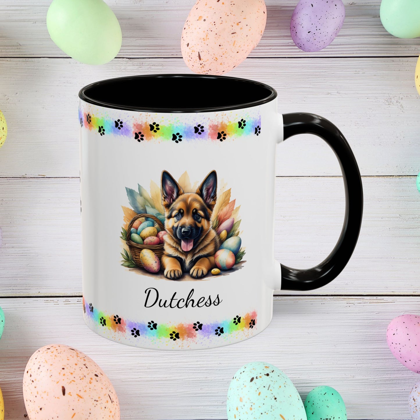 German Shepherd (Saddle): Personalized Easter Puppy Coffee Mug - Adorable Dog Design, Mental Health Gift, 11oz & 15oz, 12 Color Choices, Easter Gifts & Décor