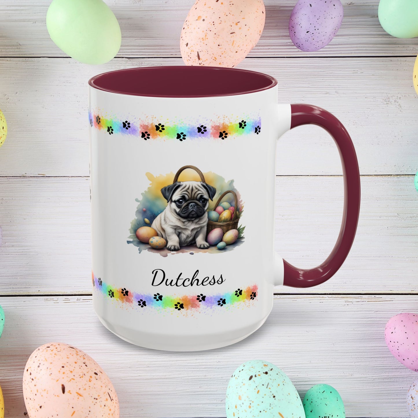 Sweet Pug Easter puppy coffee mug personalized for dog lovers, uplifting mental health and spreading Easter cheer.