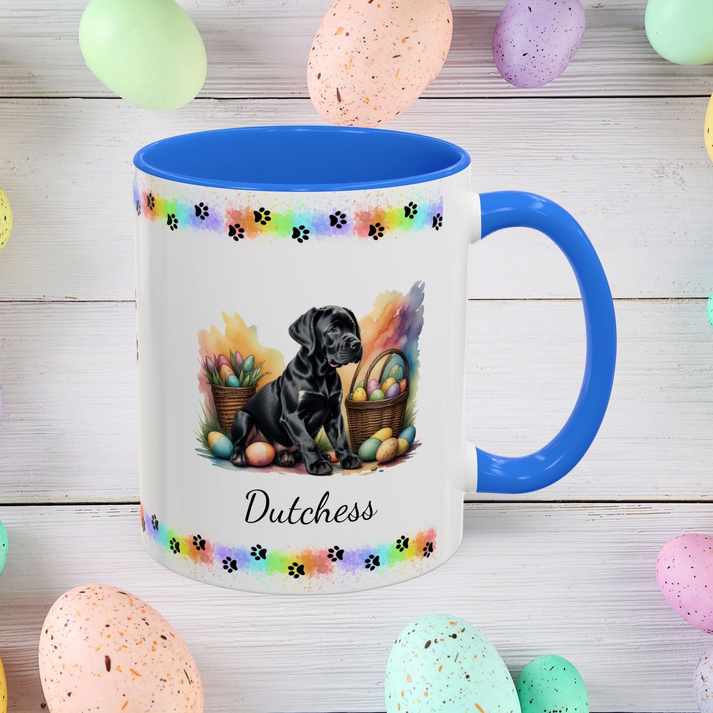 Great Dane Black Easter puppy coffee mug, personalized cute dog gift for mental health support and cozy sipping