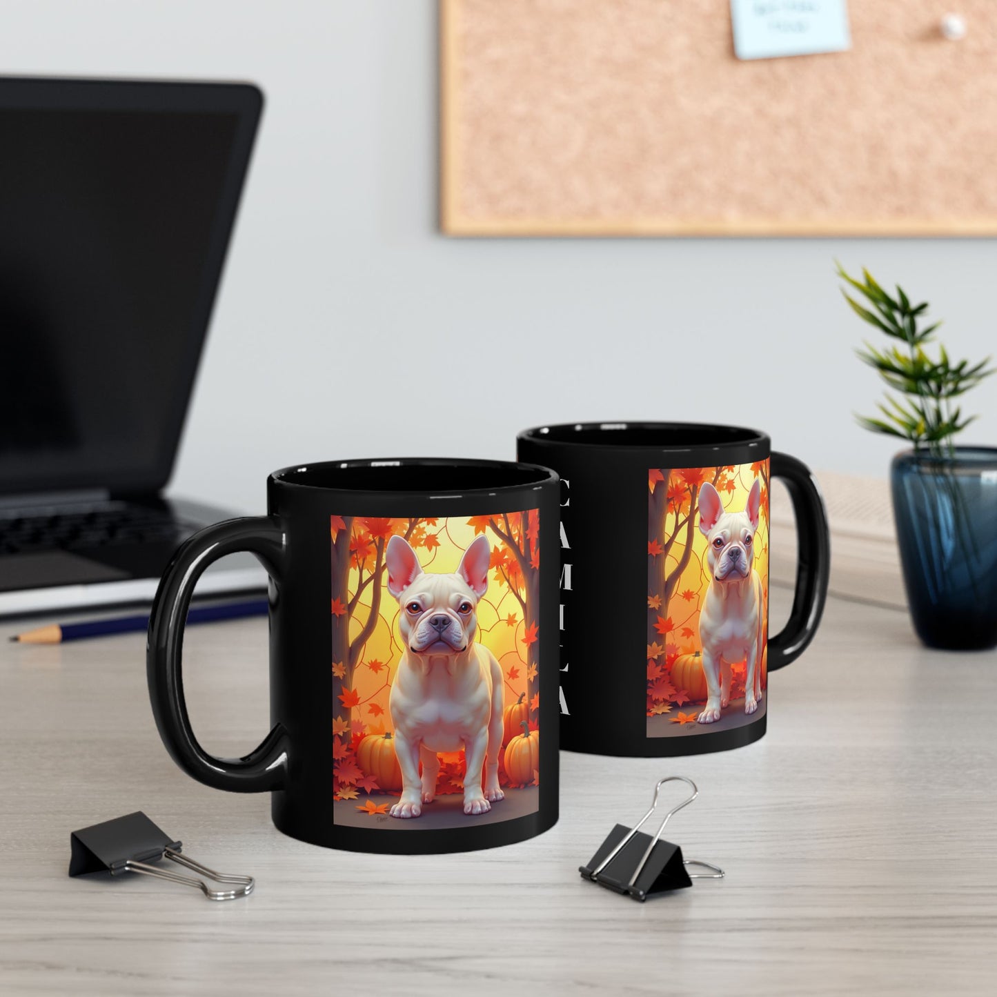 Cream French Bulldog Autumn Black Mug - Cozy fall Frenchie dog breed coffee mug