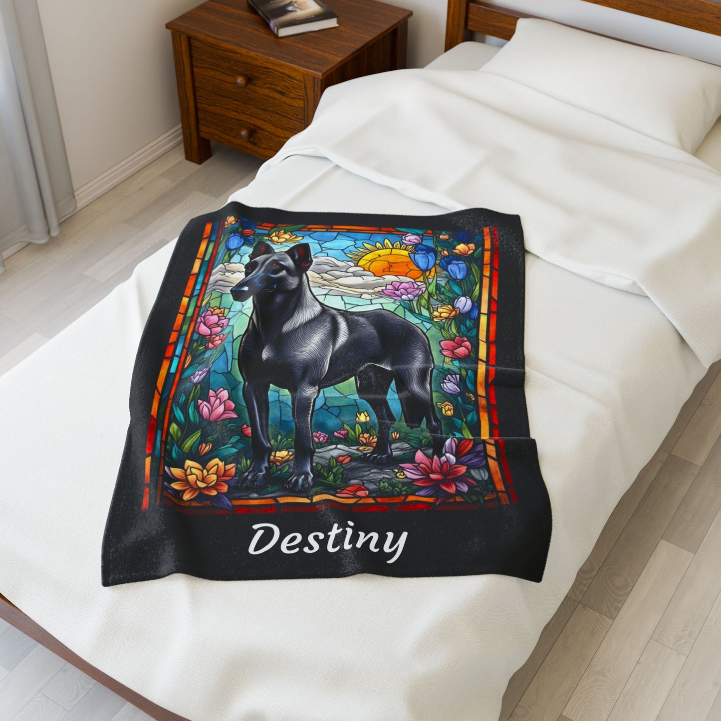 Belgian Malinois Gray - Velveteen Plush Stained Glass Dog Blanket - Custom Malinois Pet Blanket, Dog Lover Throw