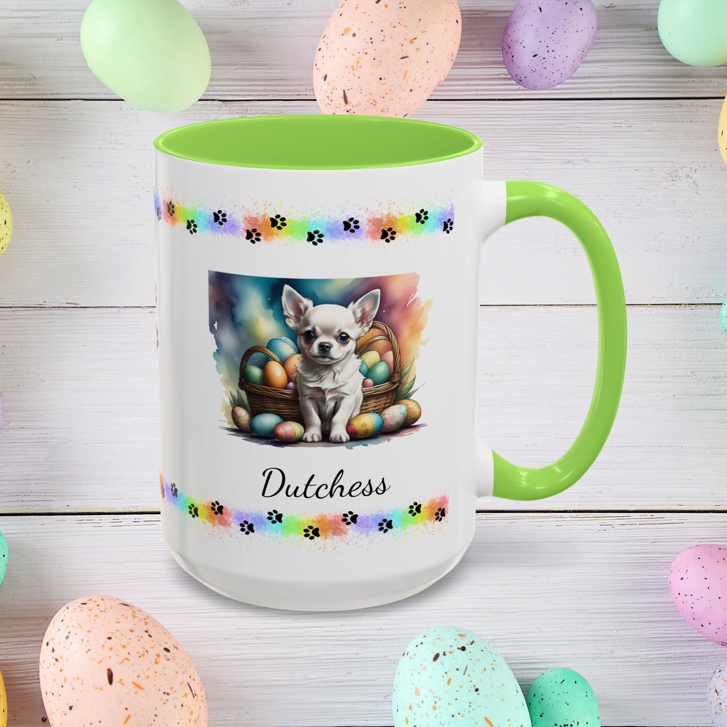 Chihuahua White personalized Easter puppy mug, cute dog coffee cup, mental health awareness gift for dog lovers