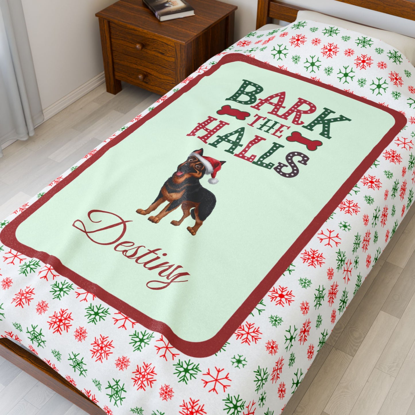 German Shepherd Black and Rust plush velveteen holiday dog blanket Bark The Halls festive Christmas throw
