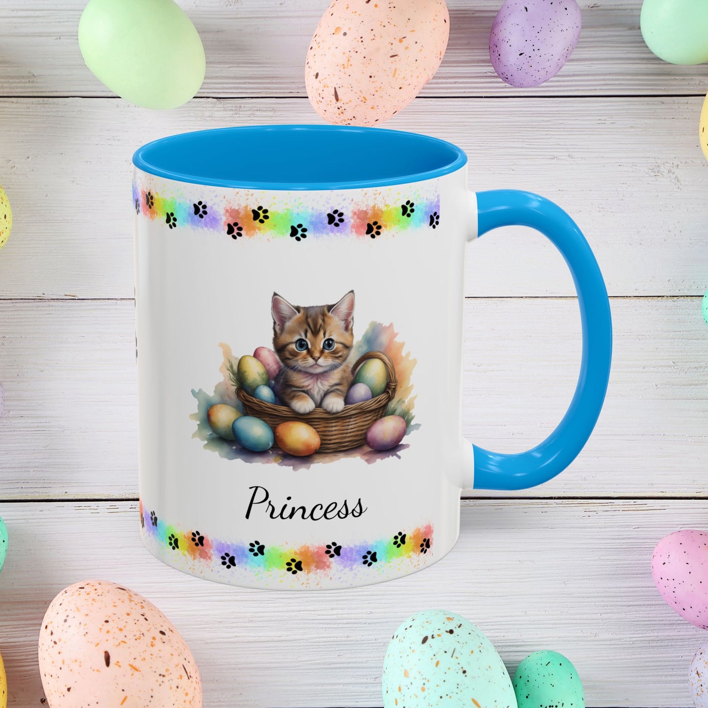Munchkin personalized Easter coffee mug, cute kitten design, mental health awareness gift for cat lovers