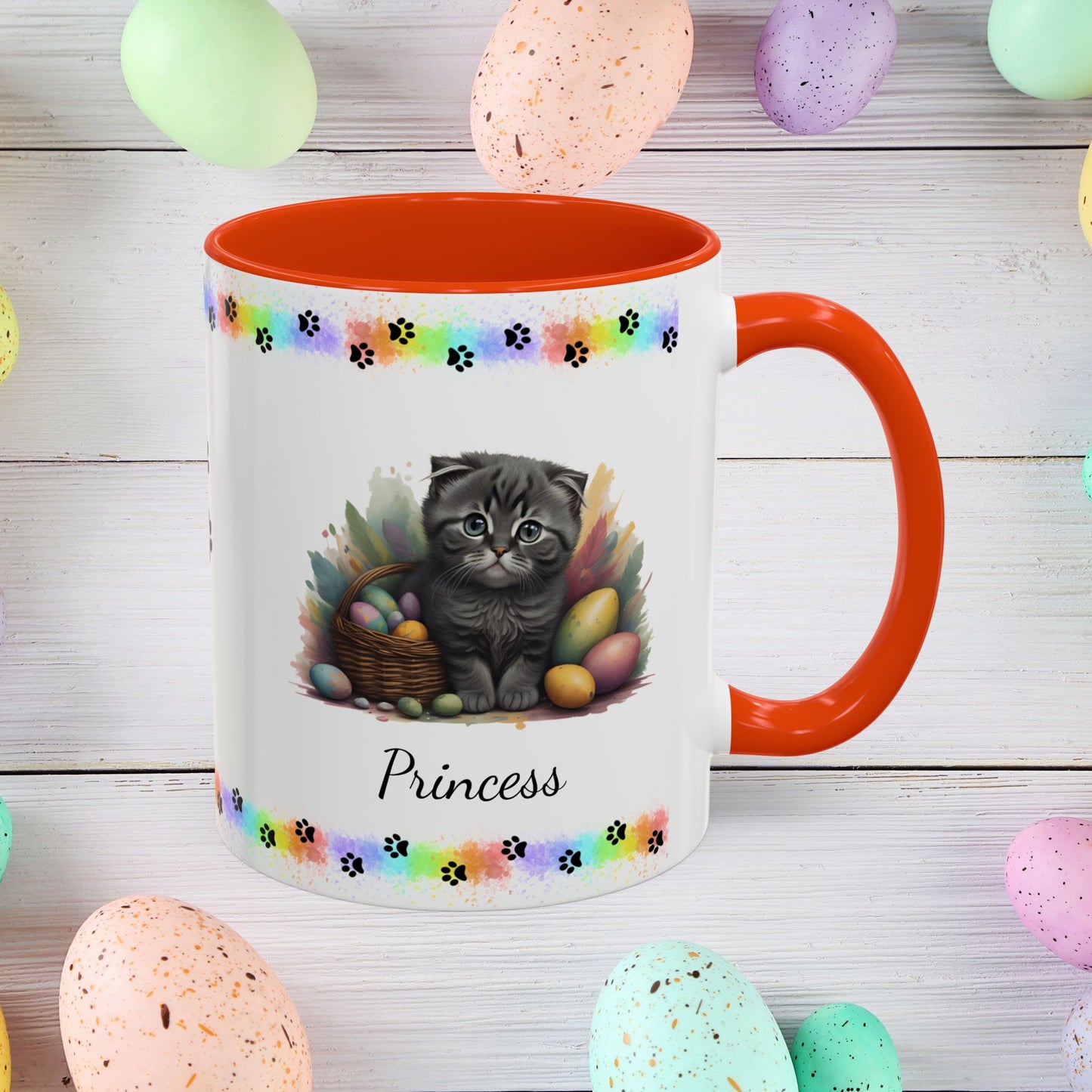 Scottish Fold Easter coffee mug, personalized kitten design, cute cat gift for mental health awareness