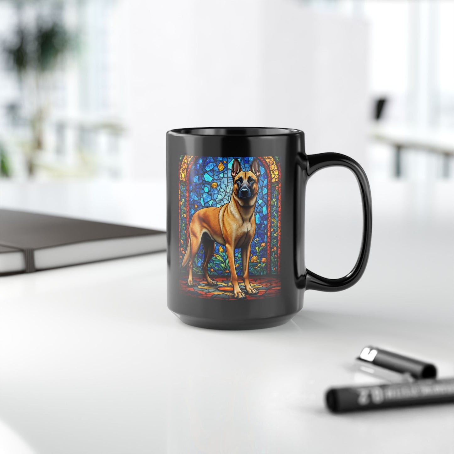 Belgian Malinois fawn personalized mug, stained glass coffee cup gift for dog lovers and pet parents