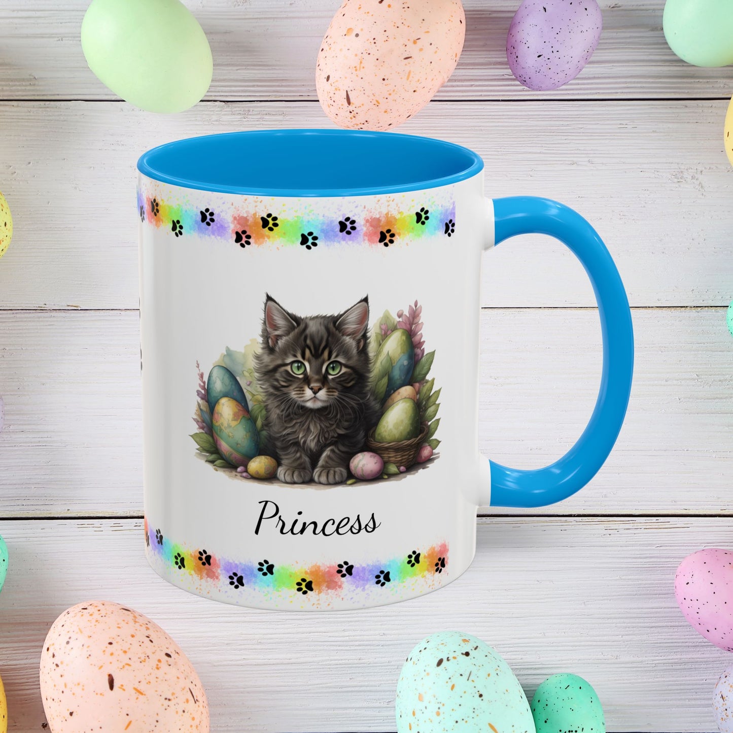 Maine Coon Easter kitten mug, personalized cute cat coffee cup, gift for mental health support and comfort
