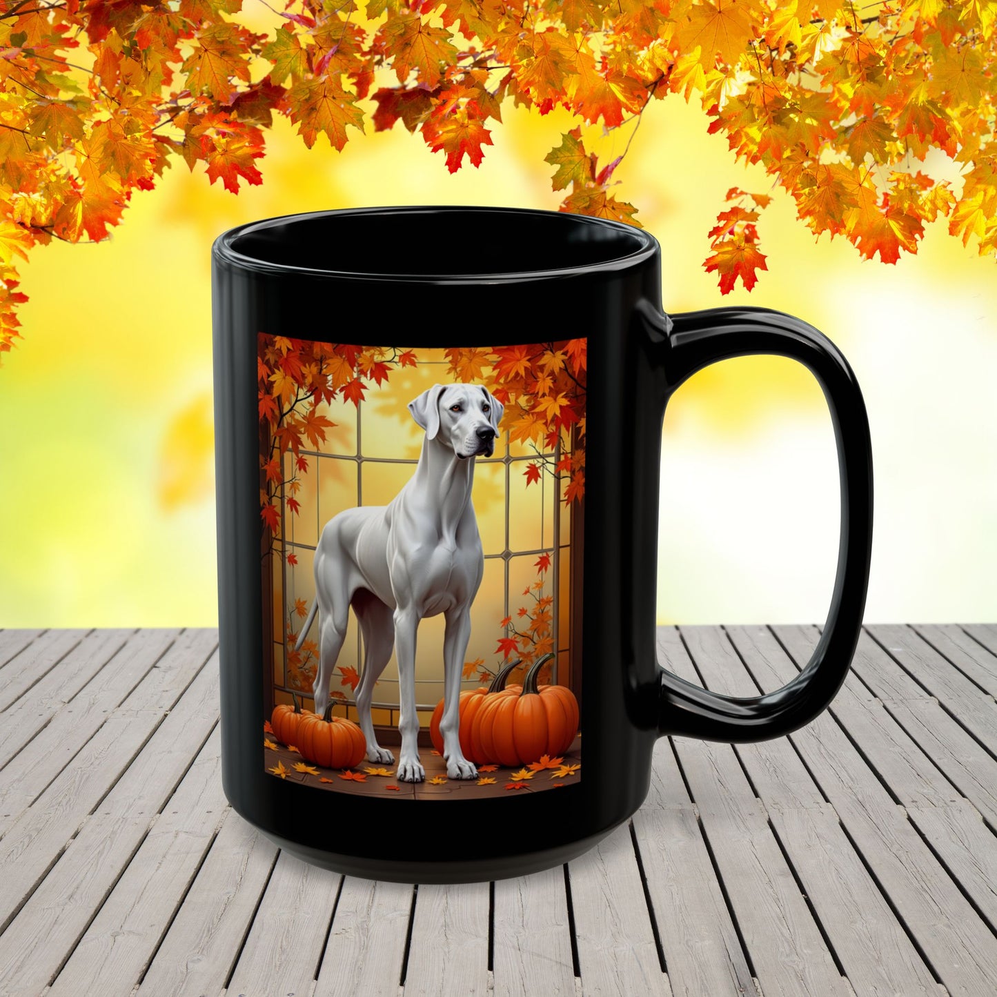 Great Dane White - Autumn coffee mug, custom dog lover cup, Great Dane gift for owners