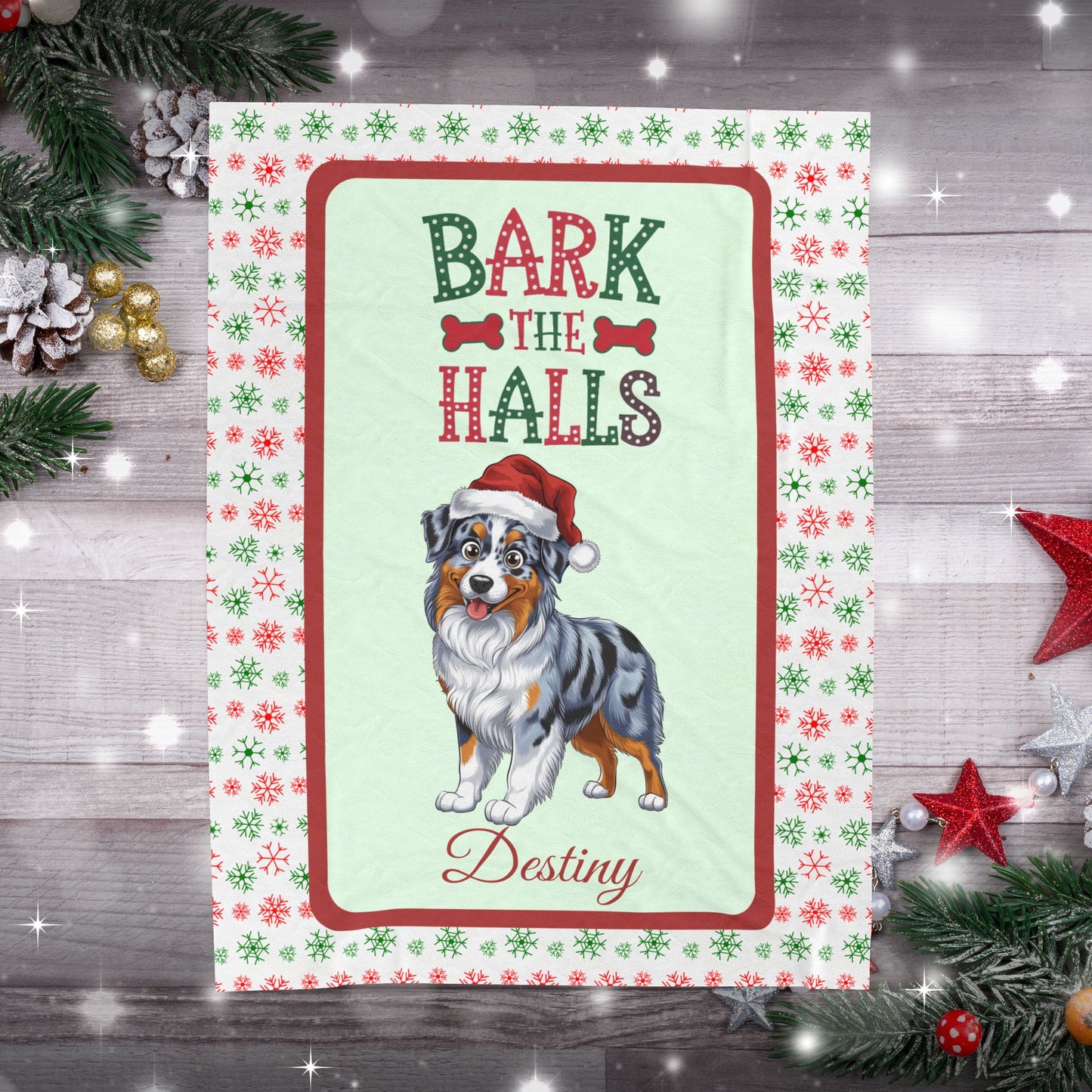 Blue Merle Australian Shepherd personalized velveteen blanket, cozy bark the halls dog throw