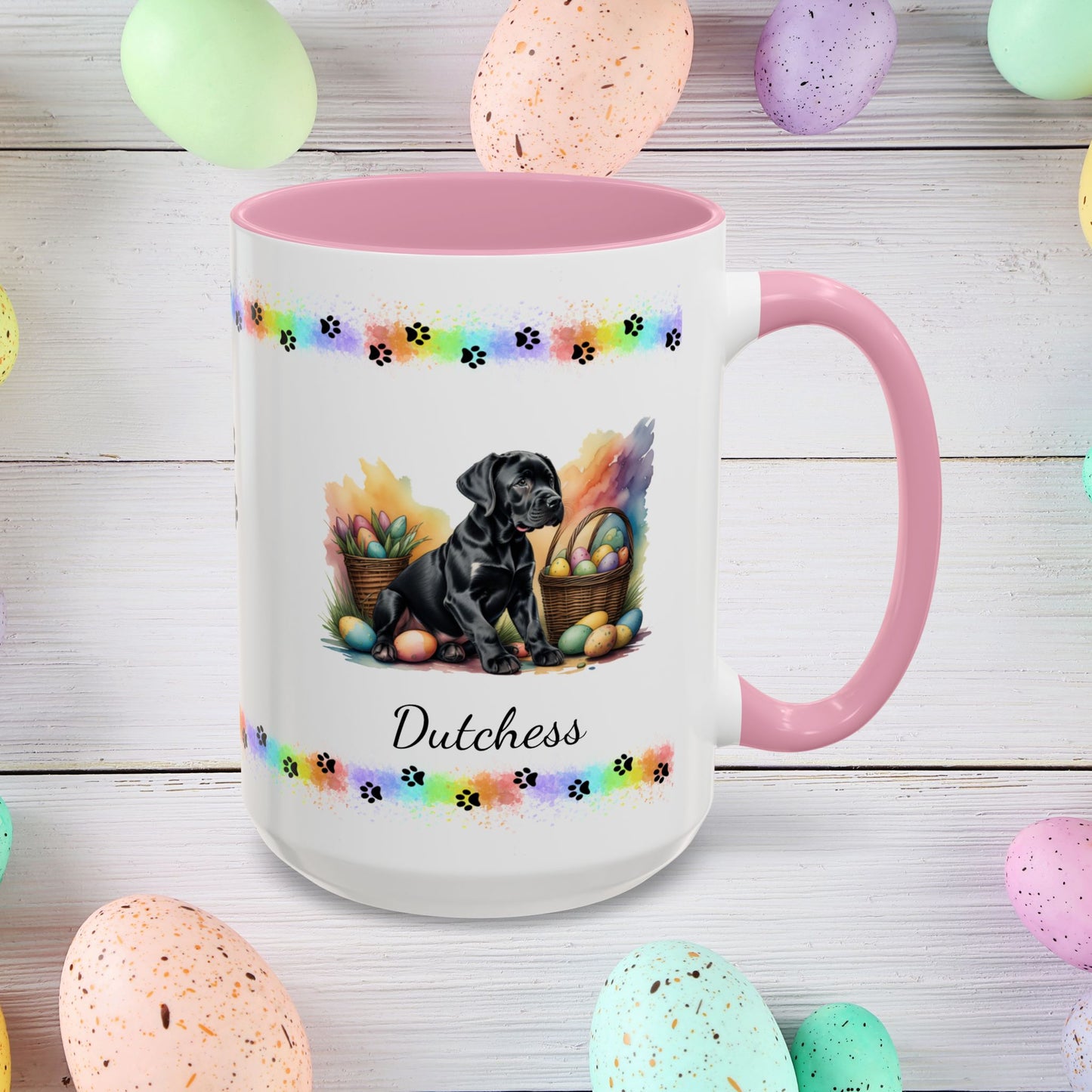 Great Dane Black Easter puppy coffee mug, personalized cute dog gift for mental health support and cozy sipping