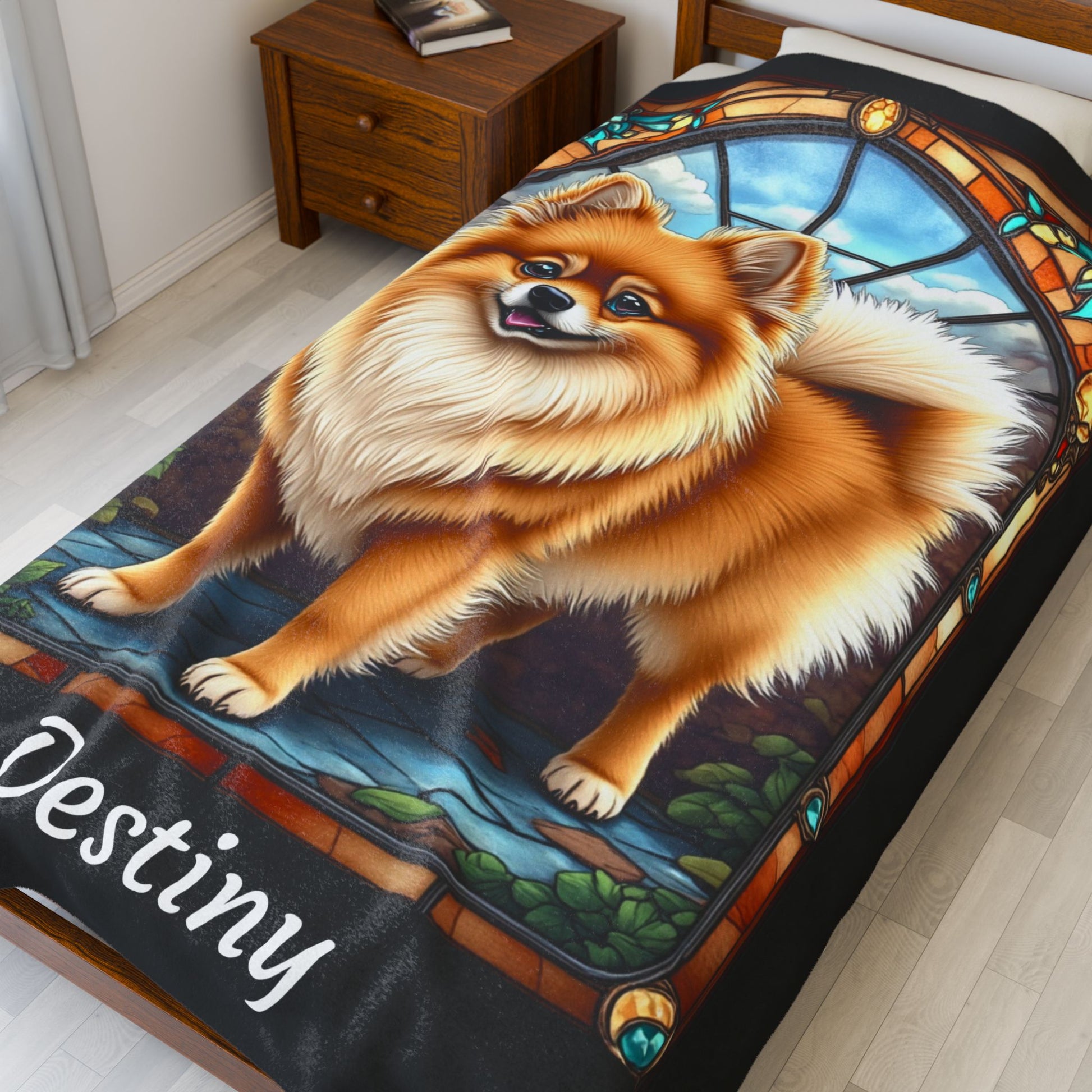 Pomeranian Orange Sable Coat Blanket, Velveteen Plush Stained Glass Dog Throw, Custom Pet Lover Gift