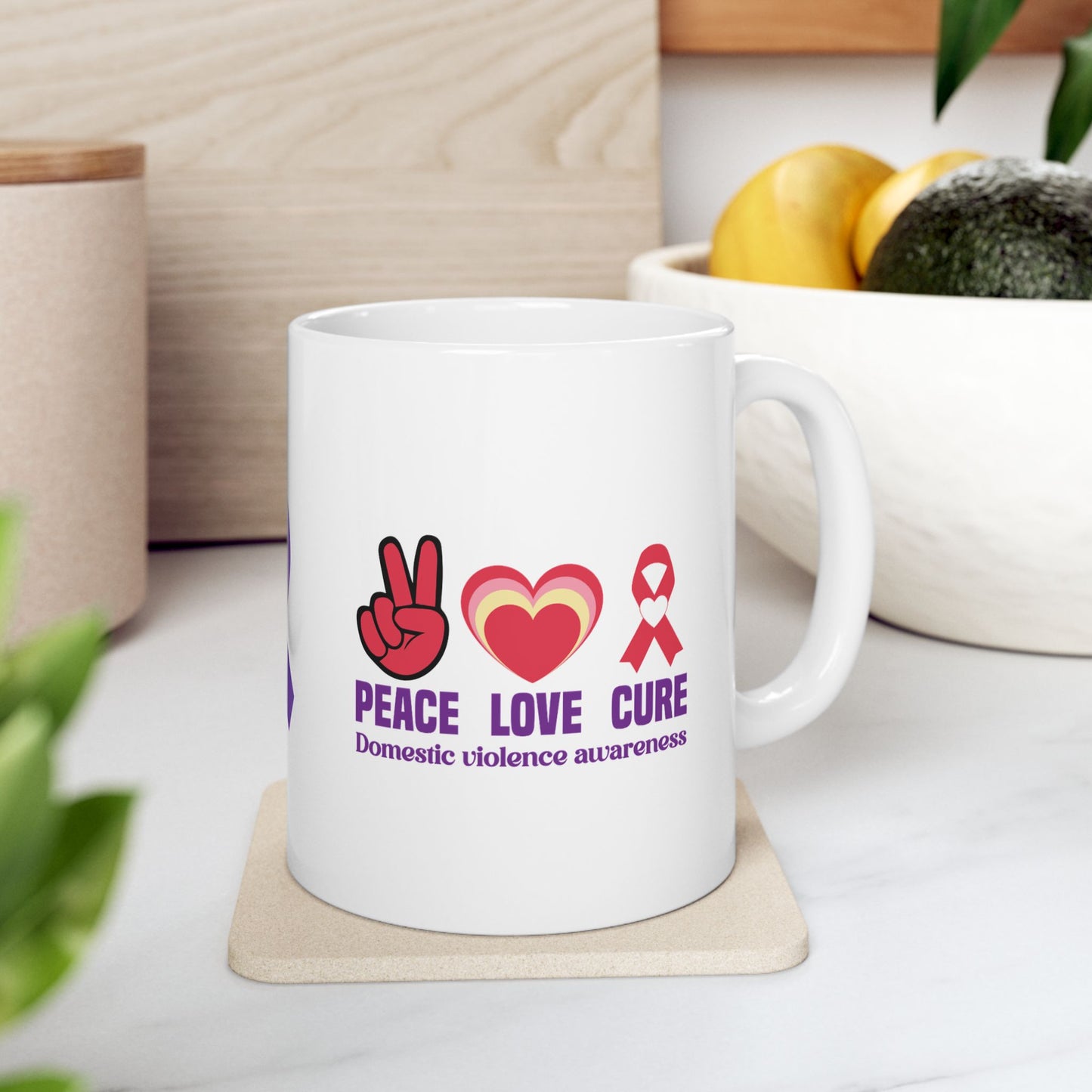 Peace Love Cure Domestic Violence Awareness Ceramic Mug - Support & Empowerment