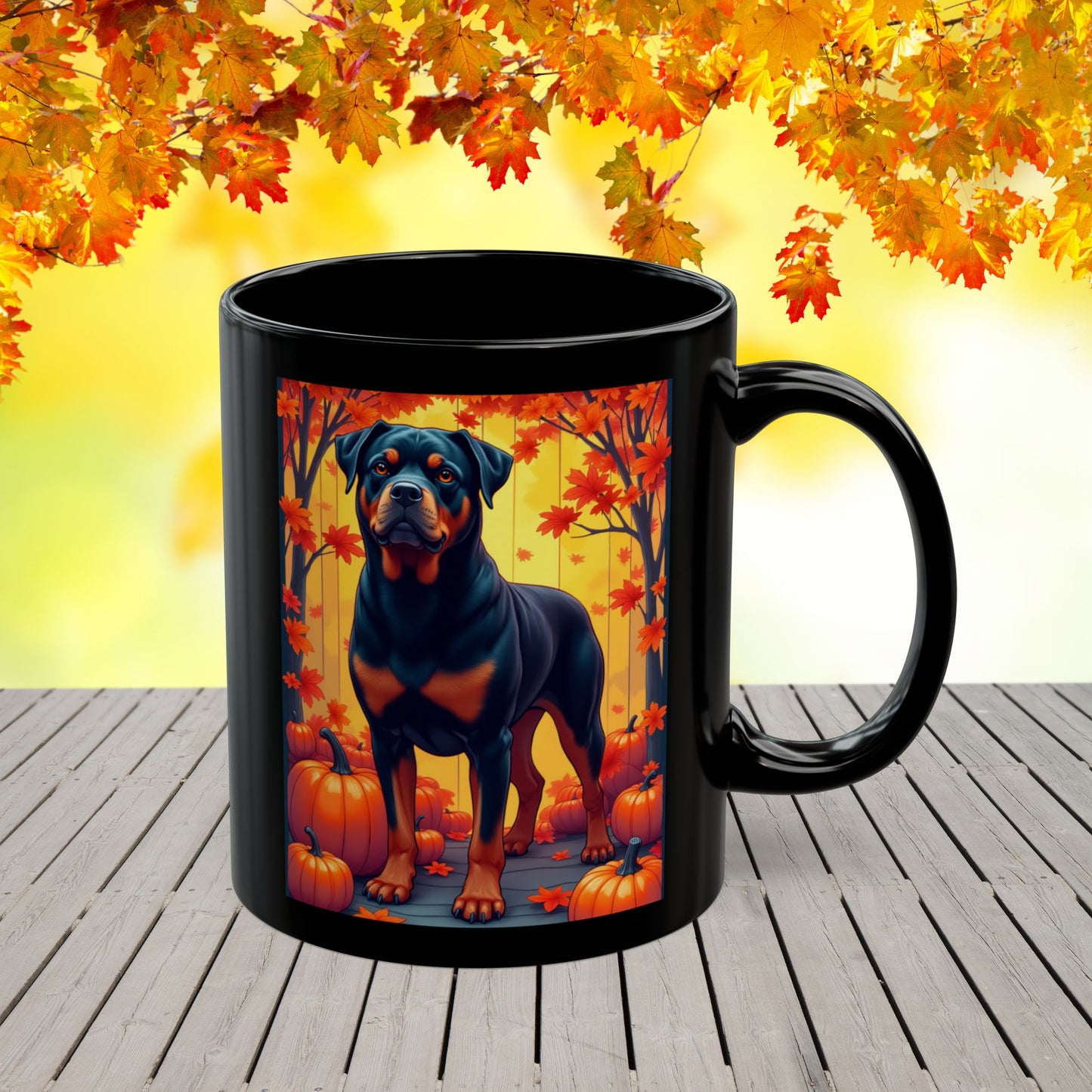 Black and mahogany Rottweiler dog in autumn leaves on a custom ceramic coffee mug.