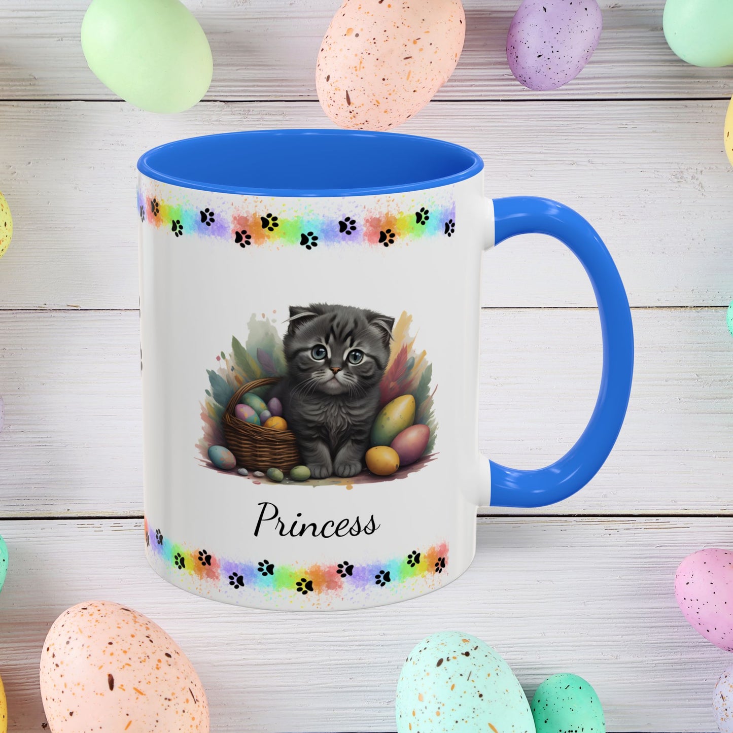 Scottish Fold Easter coffee mug, personalized kitten design, cute cat gift for mental health awareness
