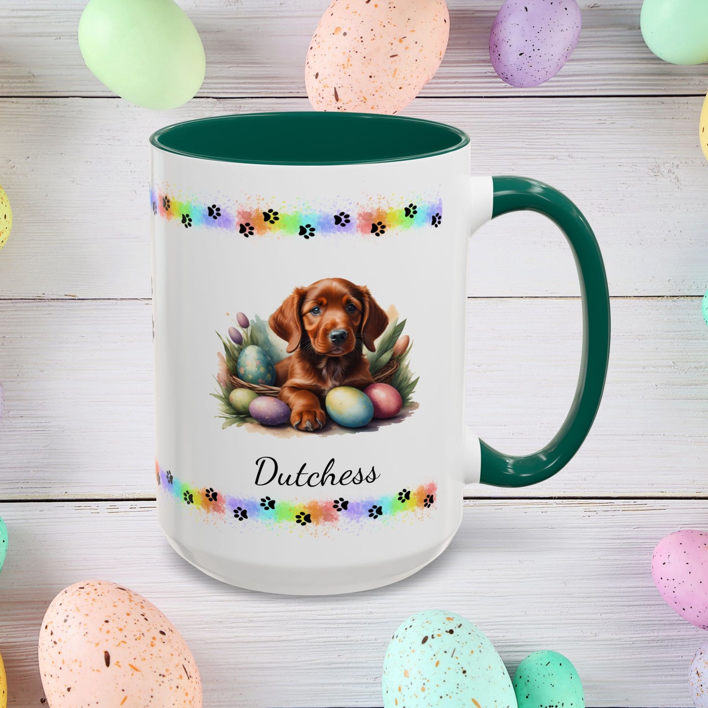 Irish Setter Easter puppy coffee mug, personalized cute dog gift for mental health support and cozy mornings