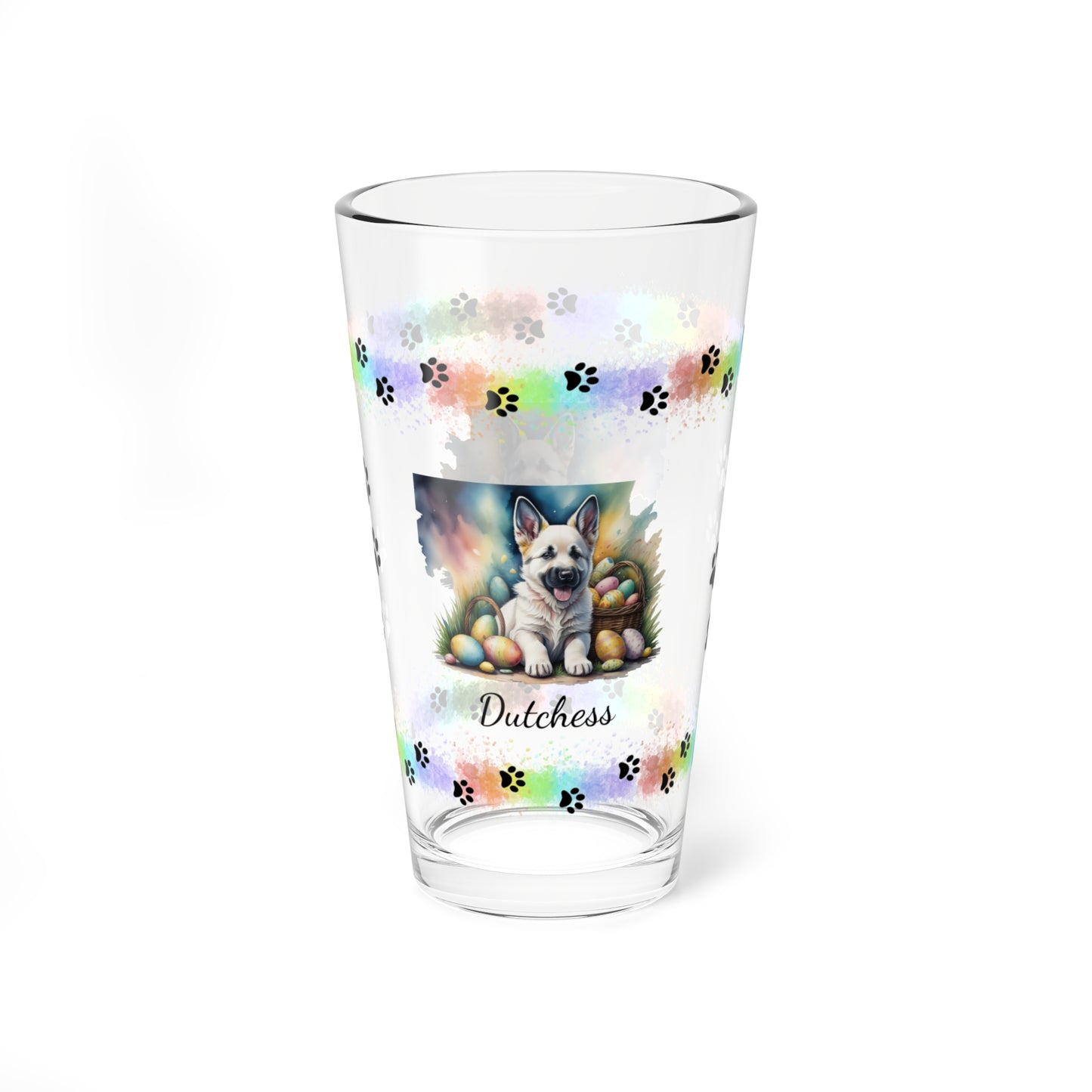 German Shepherd (White) Personalized Easter Puppy 16oz Pint Glass - Custom Dog Design, Mental Health Gift, Easter Décor, and Festive Celebrations