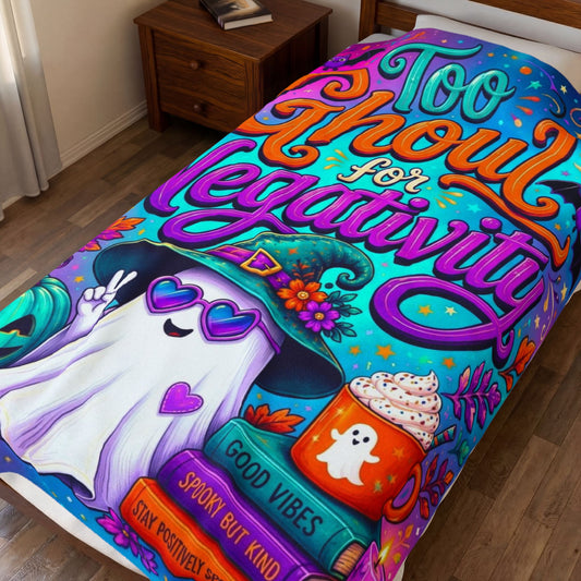 Too Ghoul for Negativity Velveteen Blanket - Ghost with Peace Sign and Good Vibes Spooky But Kind Books