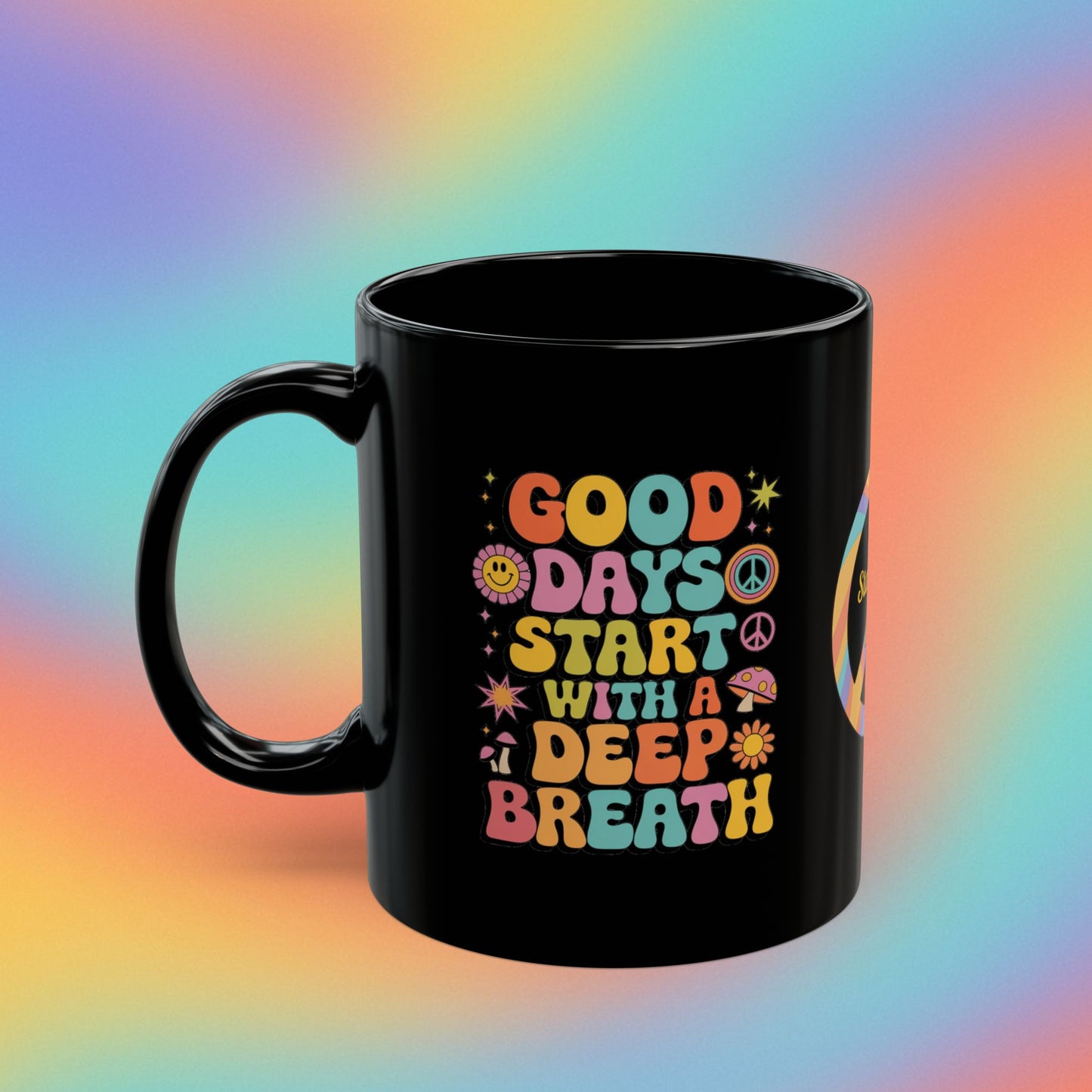 Good Days Start with a Deep Breath retro 70s mental health coffee mug - MySisterIsASurvivor