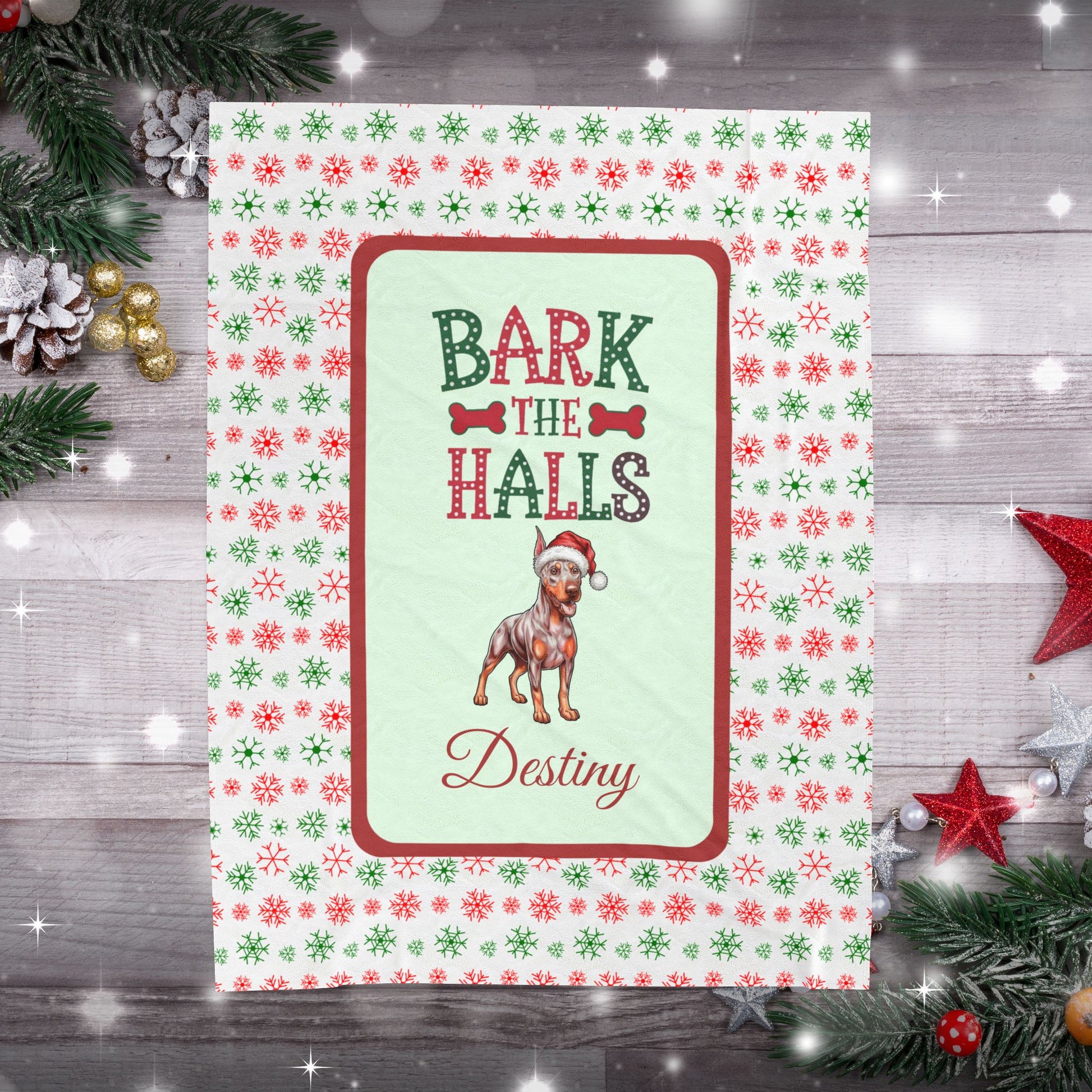 Doberman Pinscher Fawn Isabella and Rust velveteen holiday dog blanket Bark The Halls cozy Christmas throw
