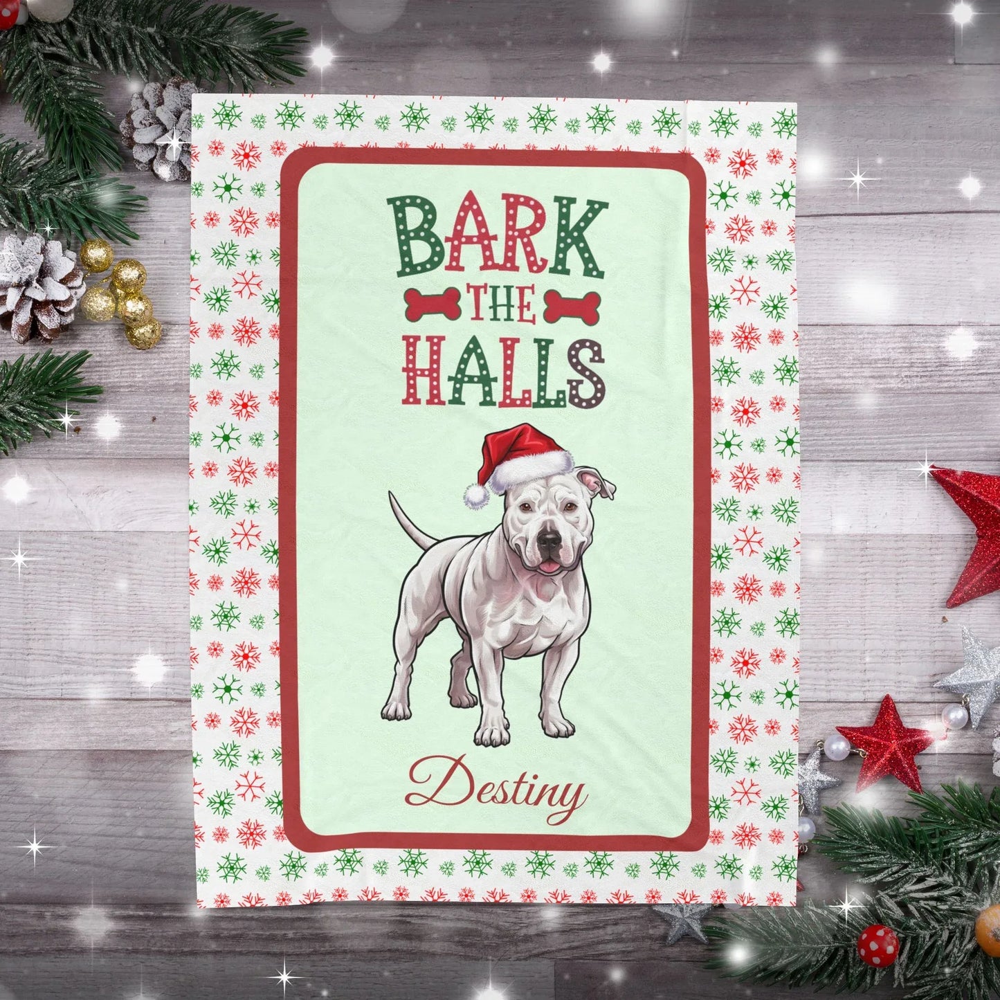Shop our premium pitbull white personalized velveteen plush blanket bark the halls from MySisterIsASurvivor.
