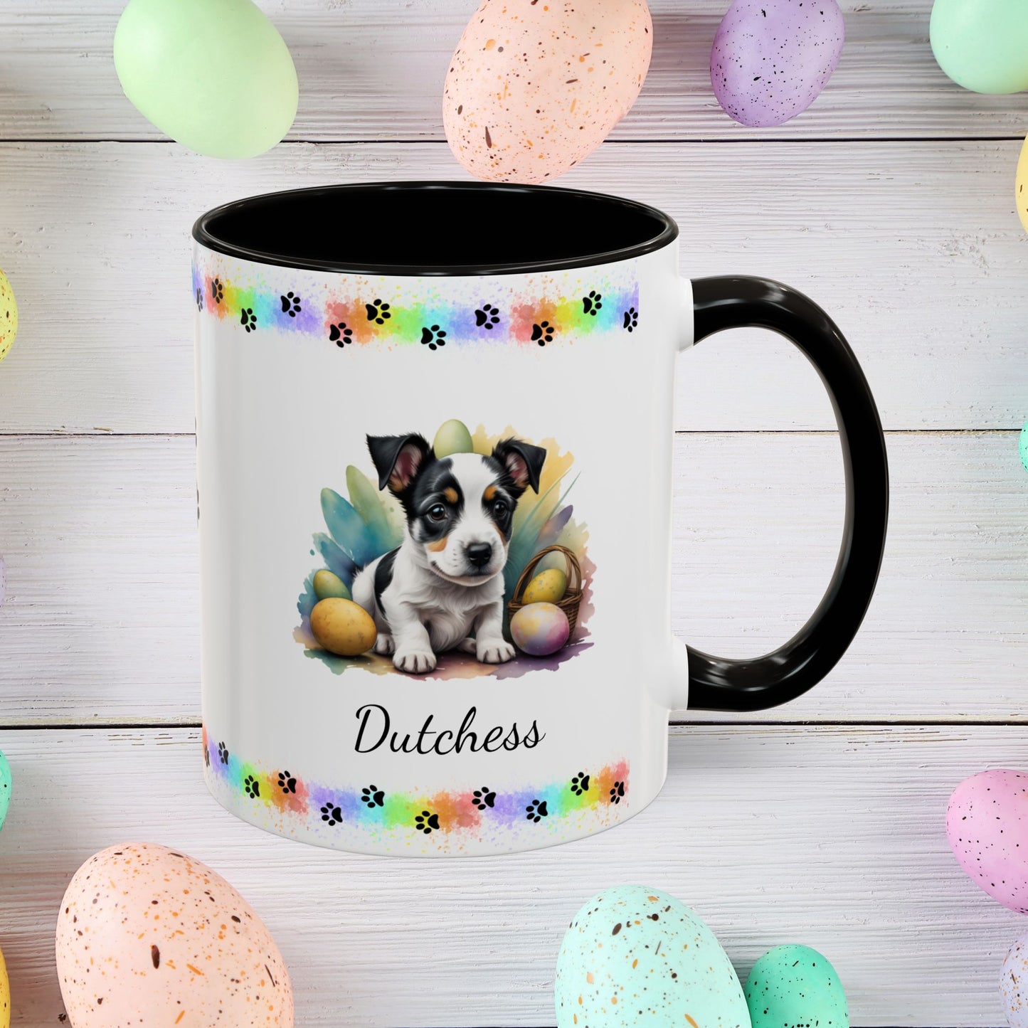 Jack Russell Terrier Black & White Easter puppy coffee mug, personalized cute dog gift for mental health awareness