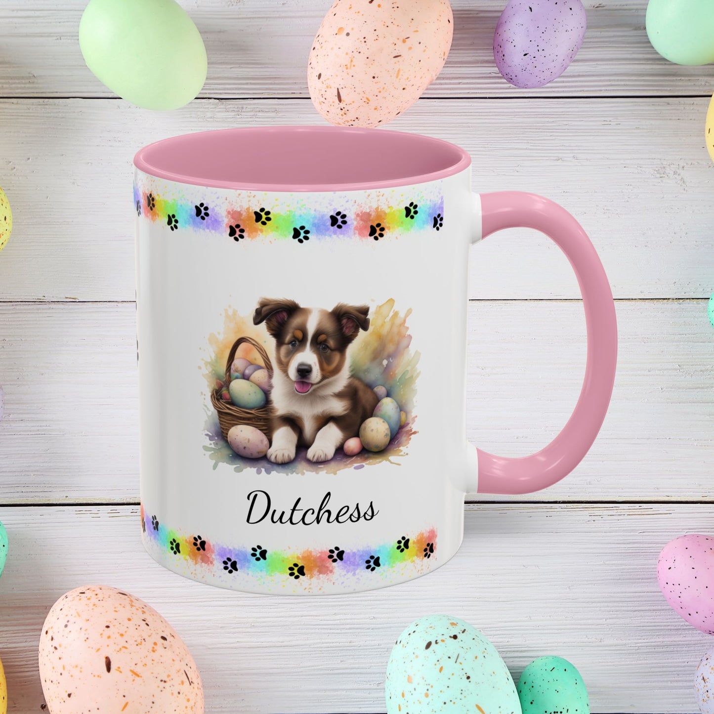 Border Collie Brown & White personalized Easter puppy mug, cute dog coffee cup, mental health awareness gift