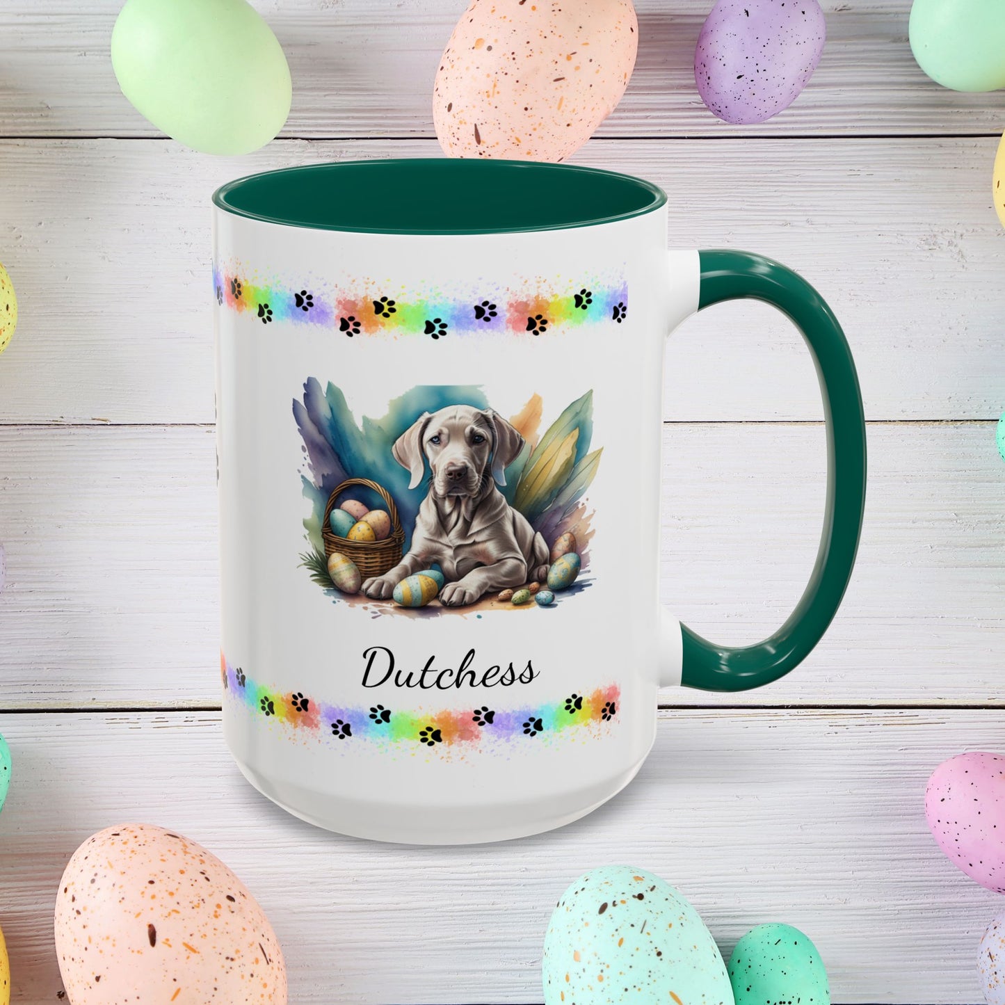 Weimaraner taupe Easter puppy coffee mug personalized dog design, ideal for promoting calm, comfort, and spring cheer.