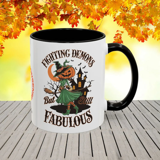 Shop our fighting demons but still fabulous ceramic mug featuring the 11oz style option from MySisterIsASurvivor.