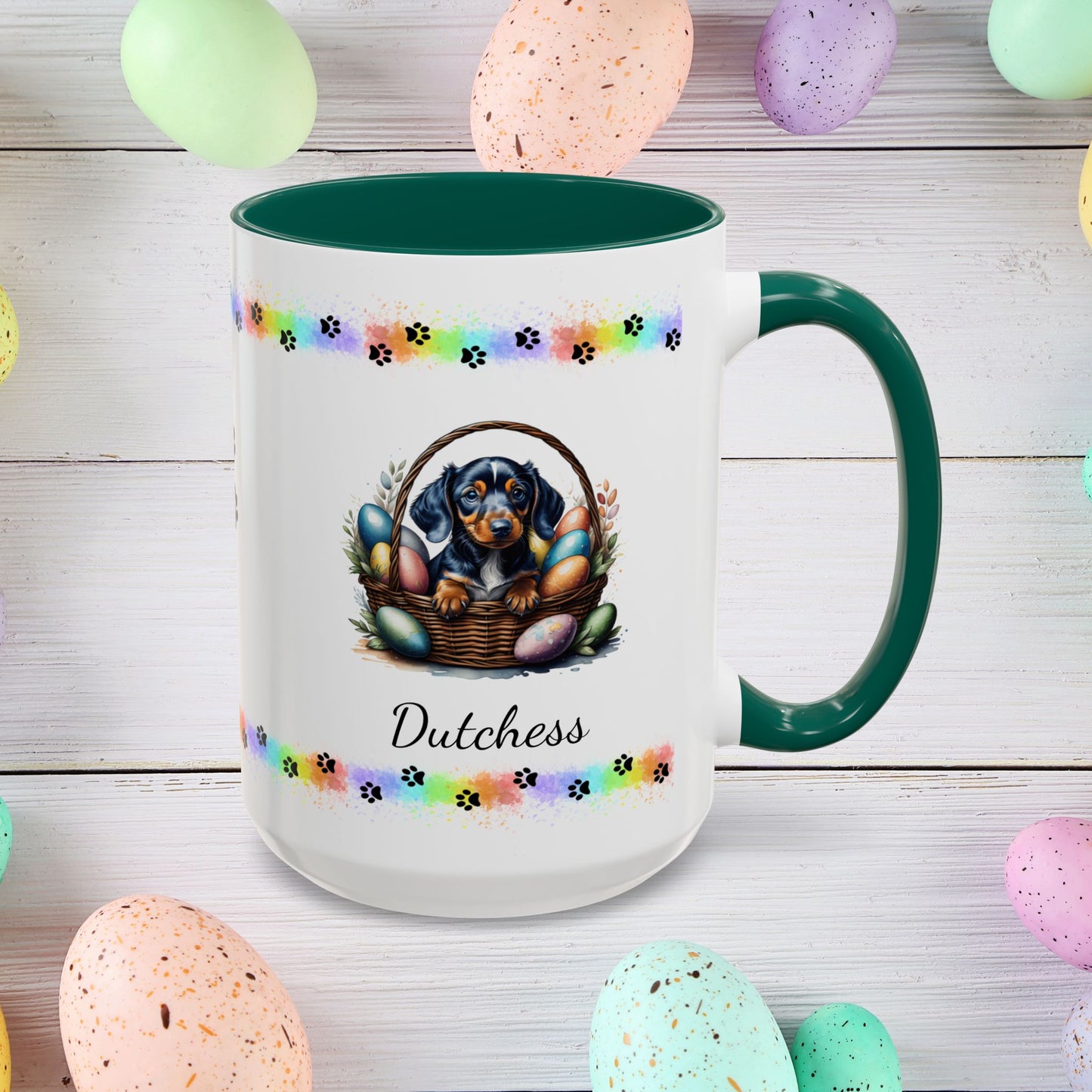 Dachshund personalized Easter puppy mug, cute dog coffee cup gift for mental health awareness and dog lovers