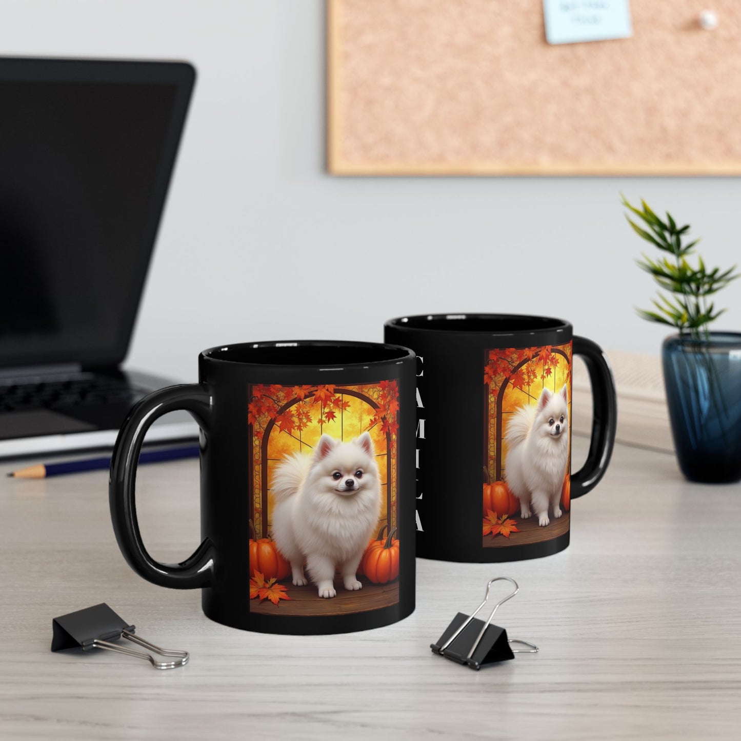 White Pomeranian personalized fall coffee mug, custom dog lover gift for cozy autumn drinks