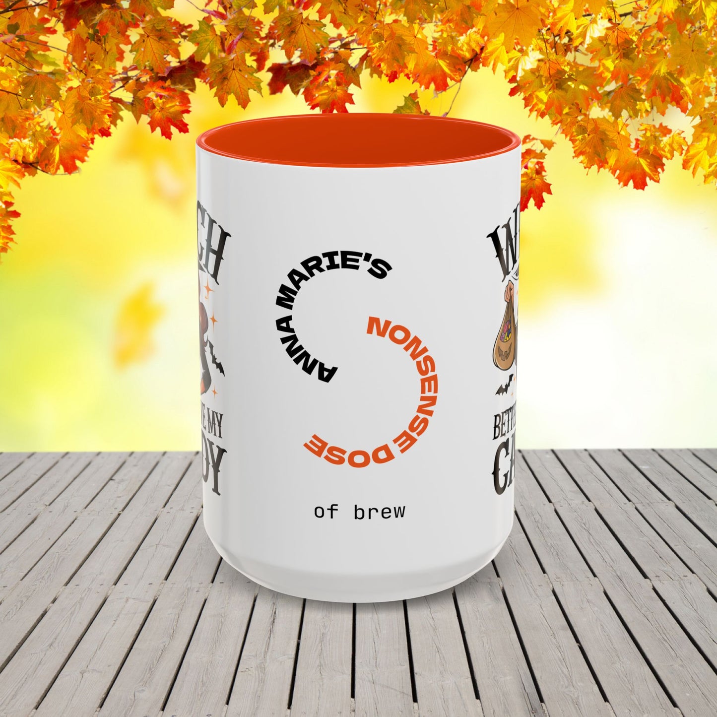Halloween coffee mug with “Witch Better Have My Candy” saying, blending humor, self-care, and mental health advocacy