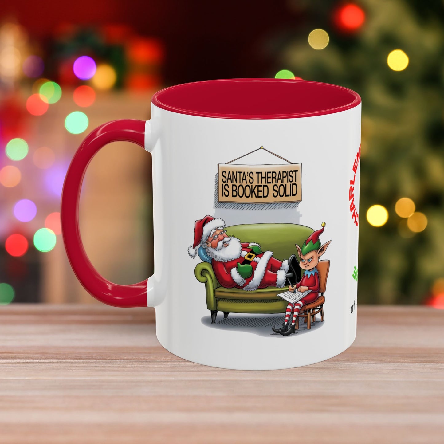 Santa's Therapist Is Booked Solid – Christmas Mug with Humorous Design and Accent Color