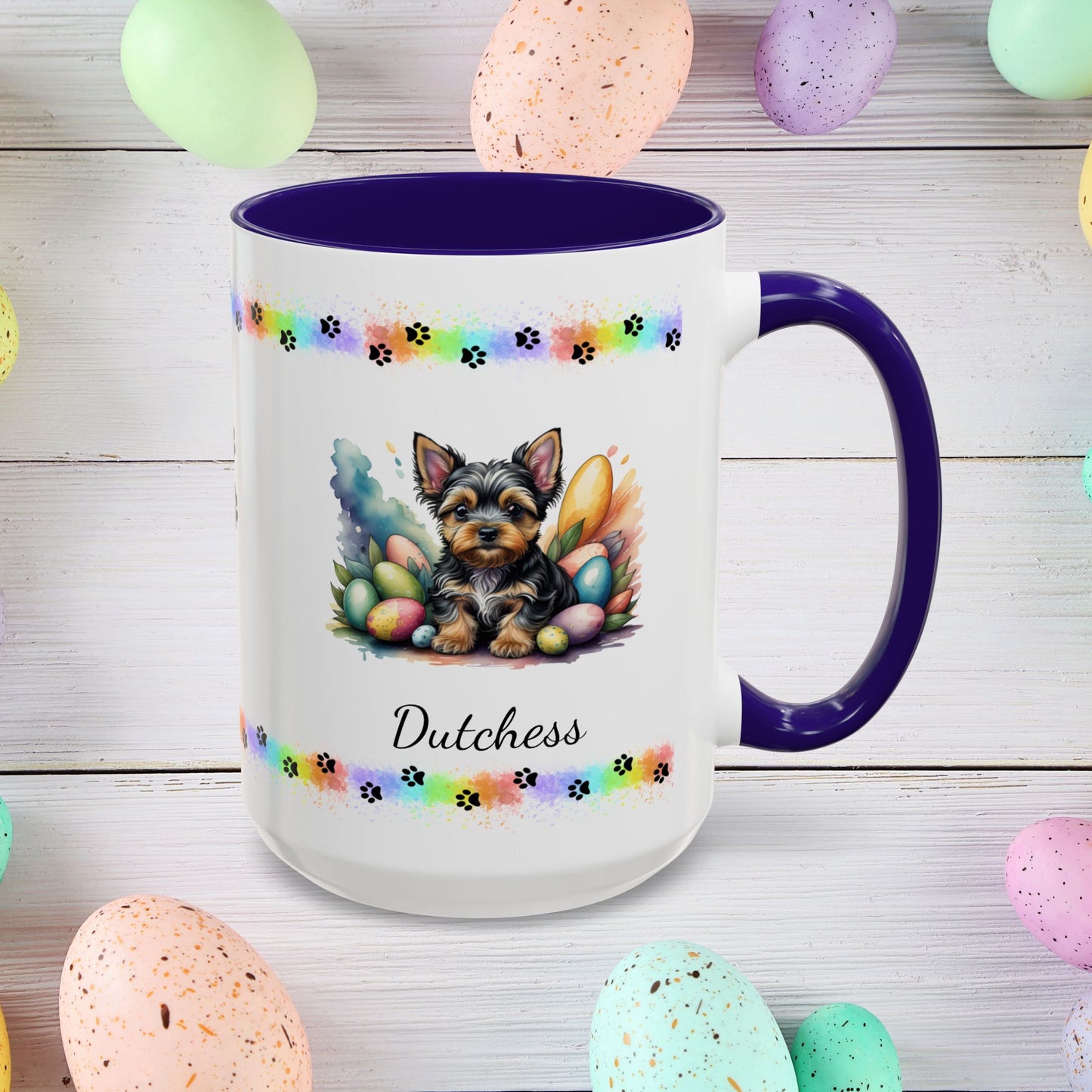 Yorkshire Terrier Easter puppy coffee mug personalized dog gift, perfect for mindfulness, self-care, and spring positivity.