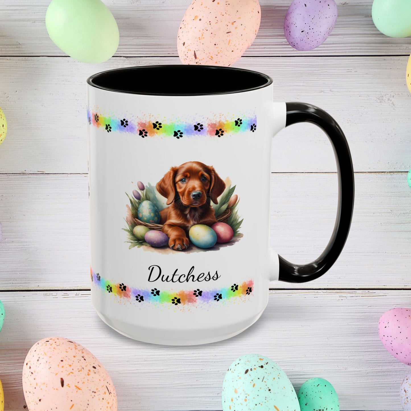 Irish Setter Easter puppy coffee mug, personalized cute dog gift for mental health support and cozy mornings