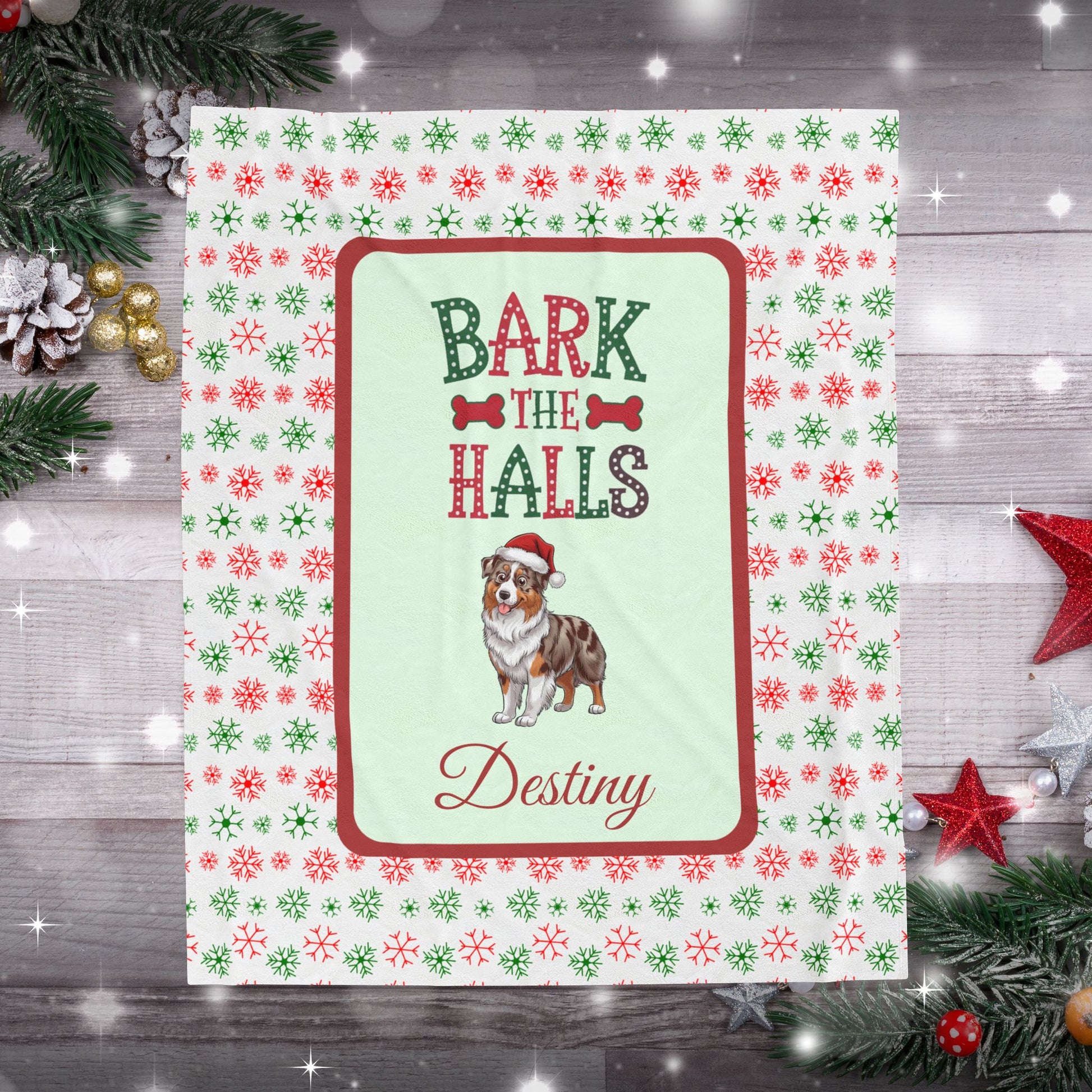 Australian Shepherd Red Merle personalized velveteen dog blanket Bark The Halls festive Christmas throw for Aussie lovers