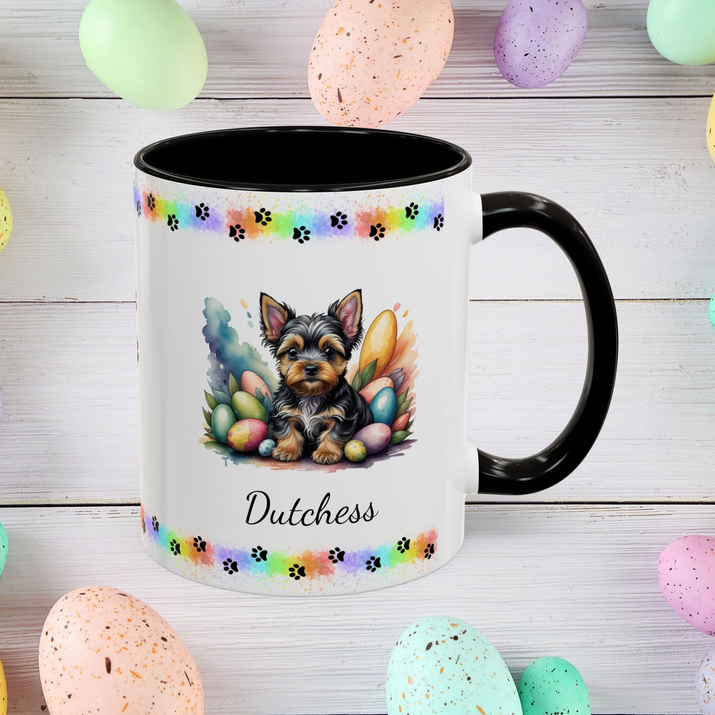 Yorkshire Terrier Easter puppy coffee mug personalized dog gift, perfect for mindfulness, self-care, and spring positivity.