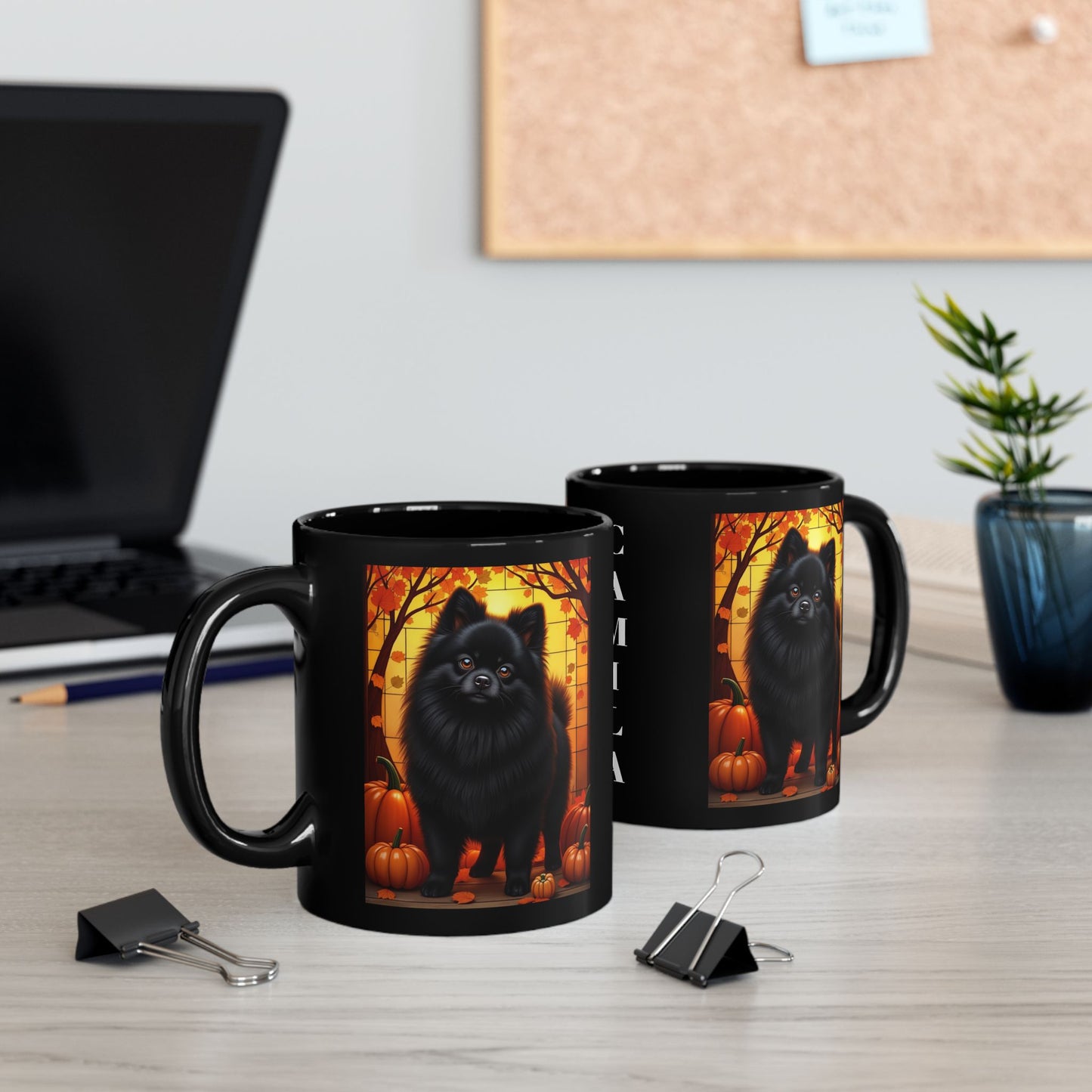 Pomeranian Black - Custom name autumn coffee mug, dog parent gift for Pomeranian lovers