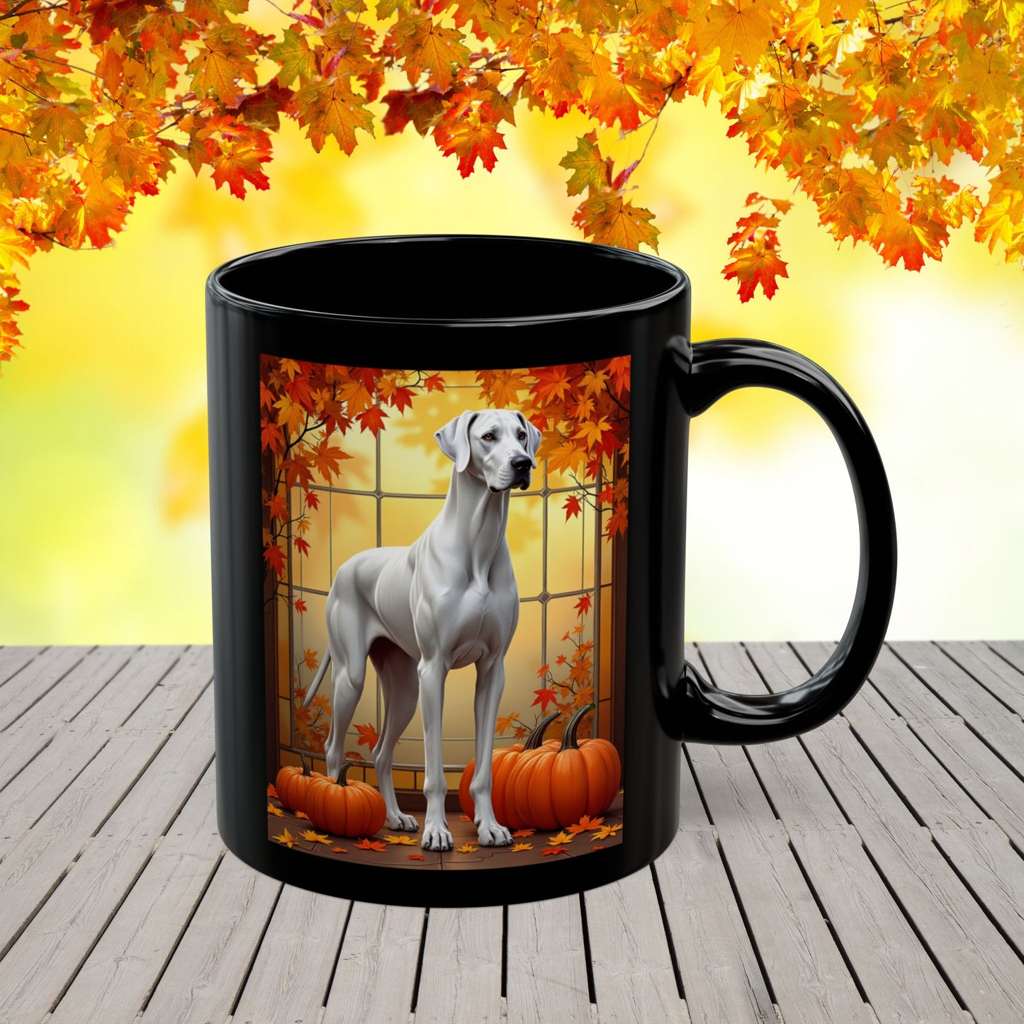 Great Dane White - Autumn coffee mug, custom dog lover cup, Great Dane gift for owners