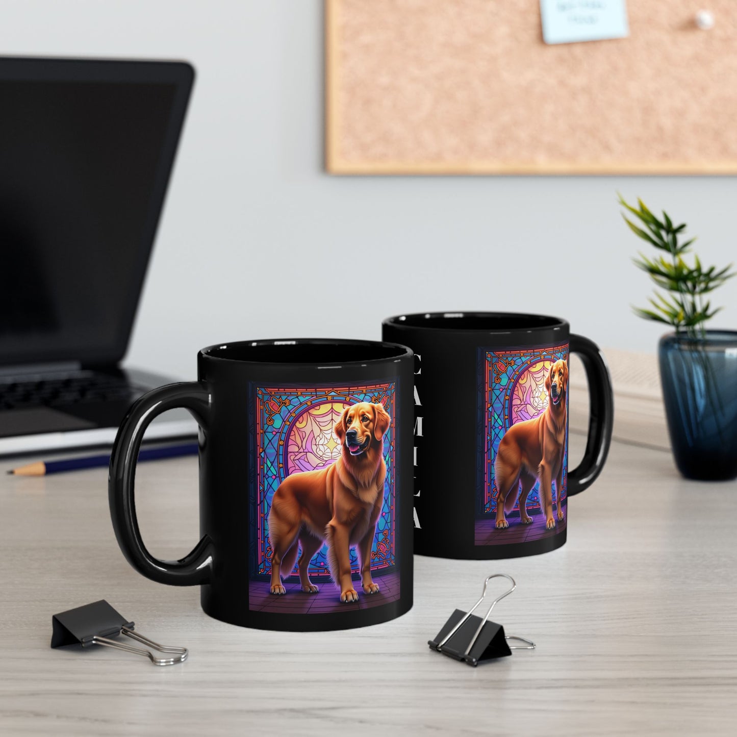Dark Golden Retriever custom stained glass dog mug, personalized coffee cup for Golden Retriever owners