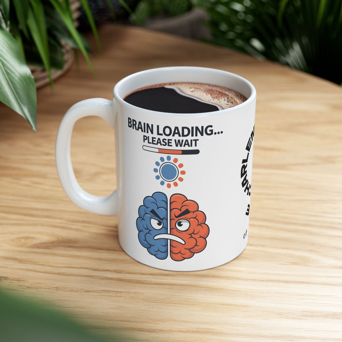"Brain Loading... Please Wait" funny mental health mug with affirmations for self-care and anxiety relief.