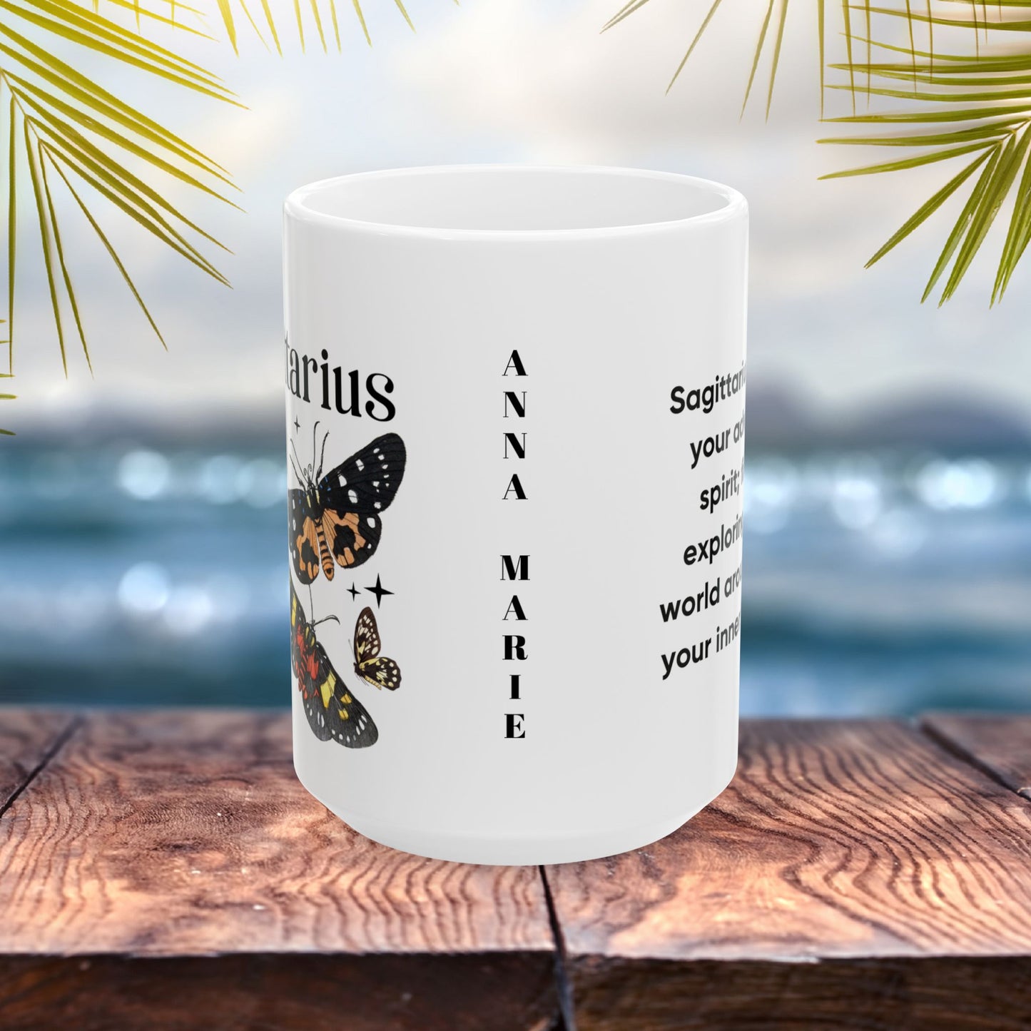 Sagittarius zodiac mug with butterfly art, custom astrology gift idea