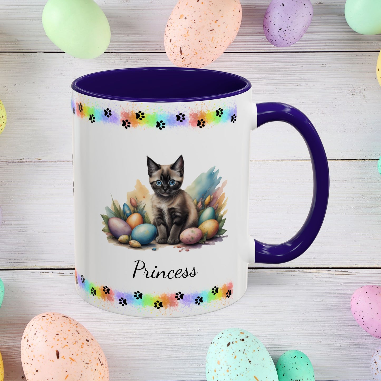 Siamese personalized Easter kitten mug, cute cat coffee cup, gift for mental health support and comfort