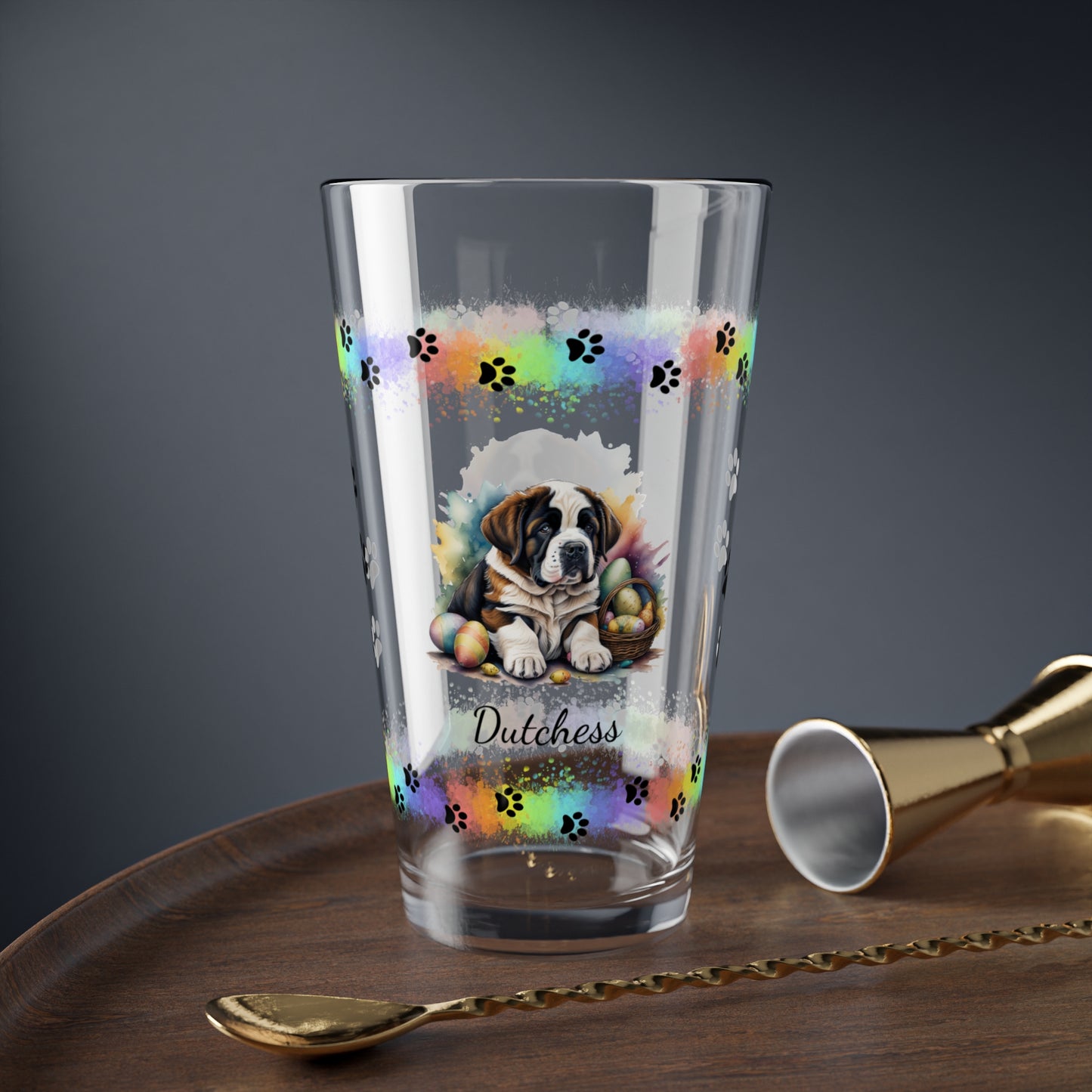 Saint Bernard Personalized Easter Puppy 16oz Pint Glass - Custom Dog Design, Mental Health Gift, Easter Décor, and Festive Celebrations
