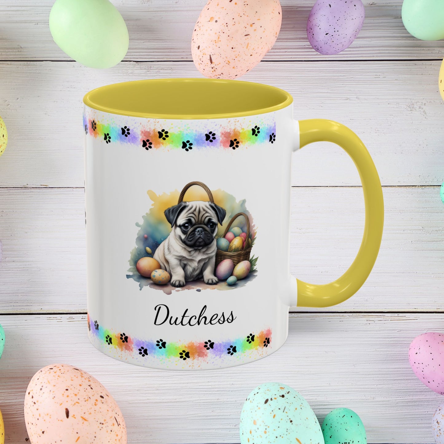 Sweet Pug Easter puppy coffee mug personalized for dog lovers, uplifting mental health and spreading Easter cheer.
